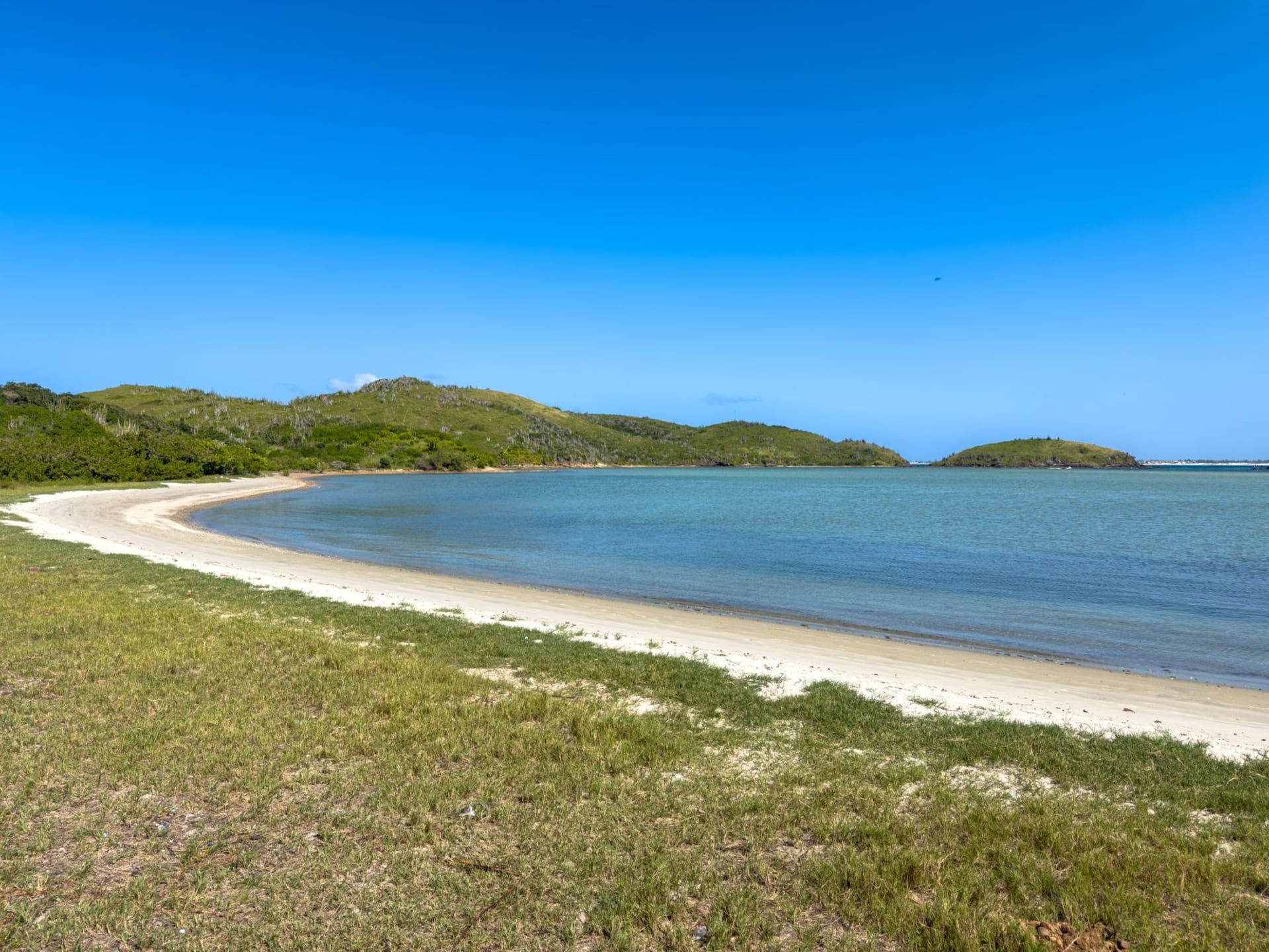Hillsborough harbour on Carriacou with colourful fishing boats moored at the dock and the green hills of the island rising behind