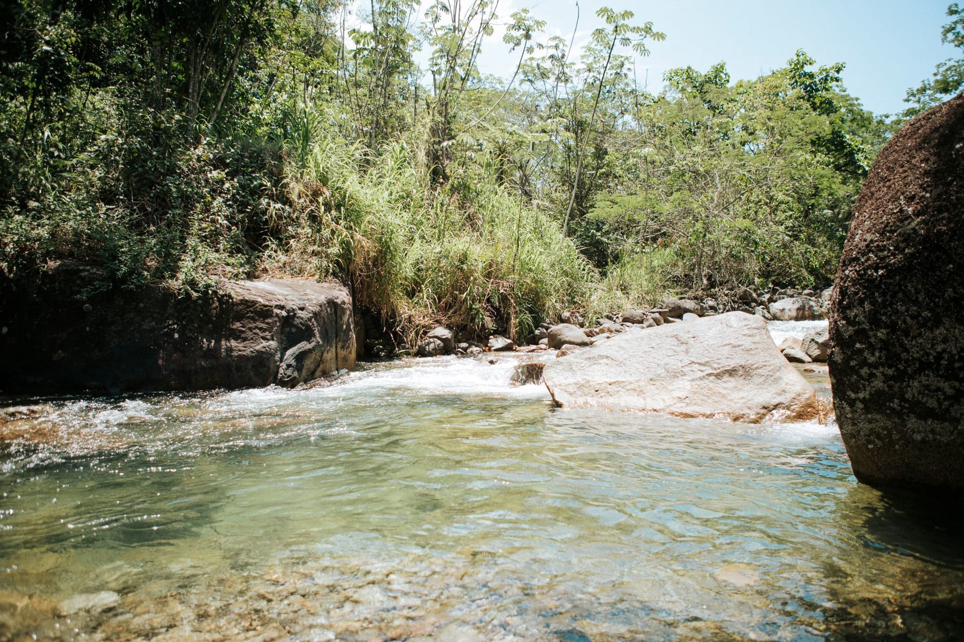 The upper Concord waterfall cascading into a clear mountain pool surrounded by dense tropical forest