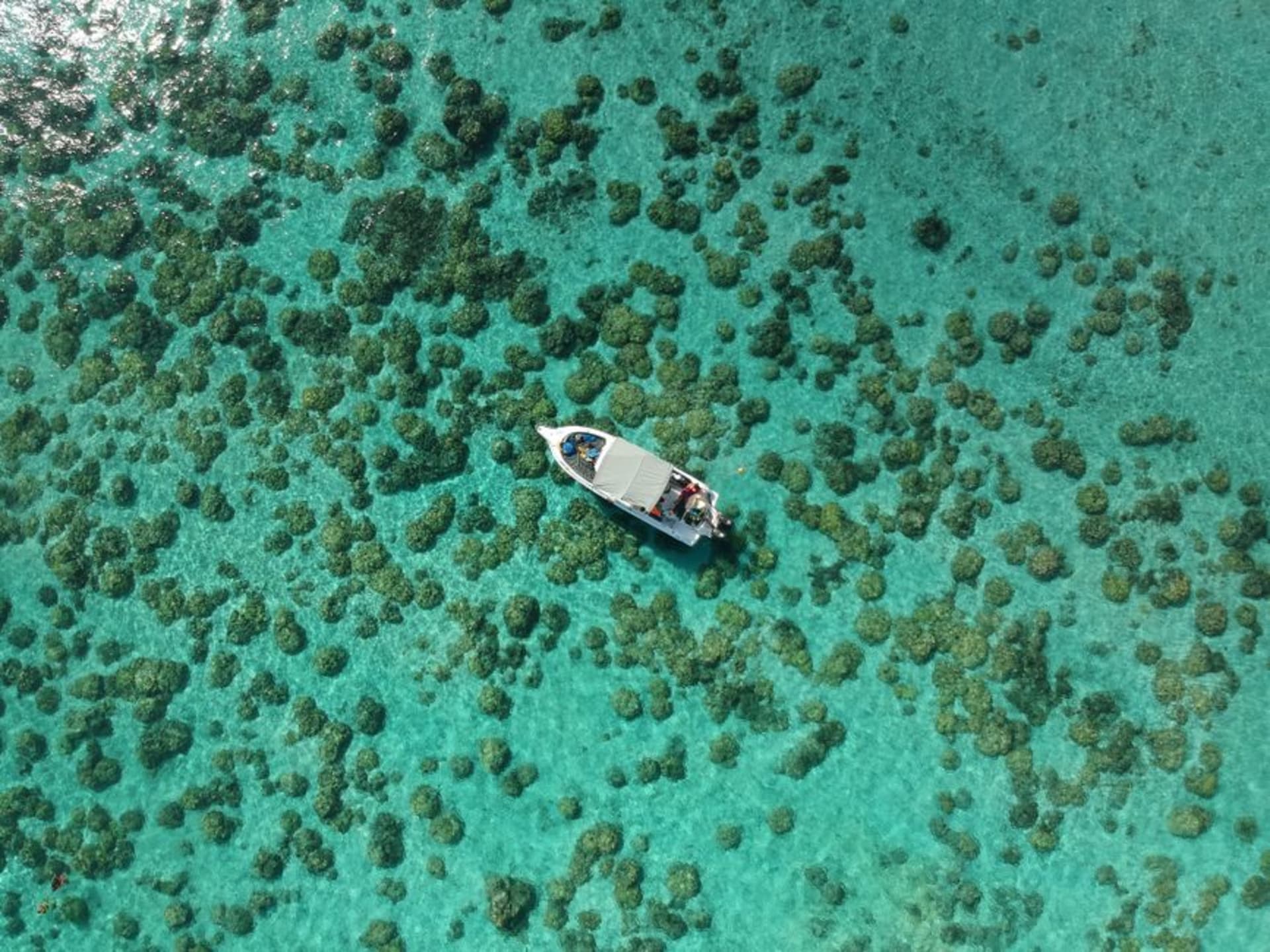 Turquoise water and coral-fringed coastline of Wuzhizhou Island seen from above