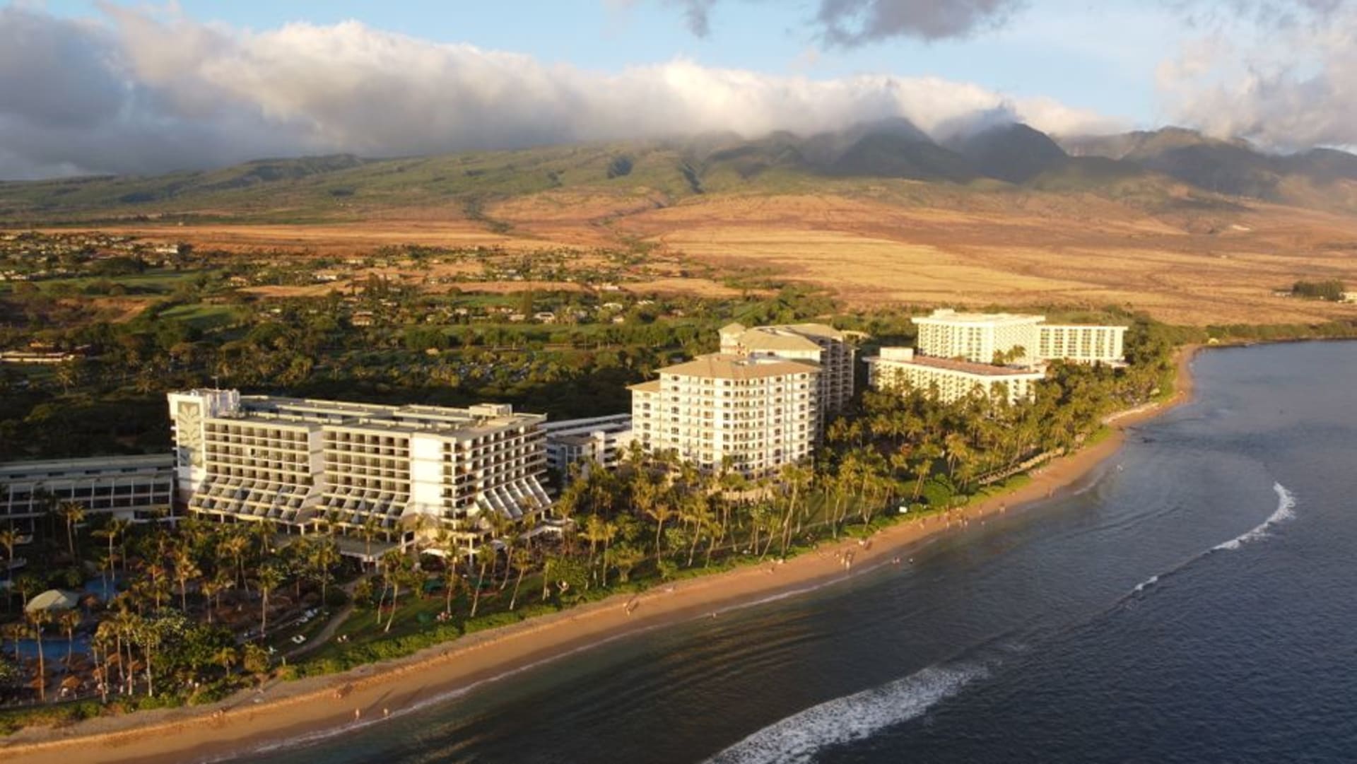 Playa de arena blanca bordeada de palmeras en Ka'anapali con agua turquesa y un afloramiento volcánico negro a lo lejos