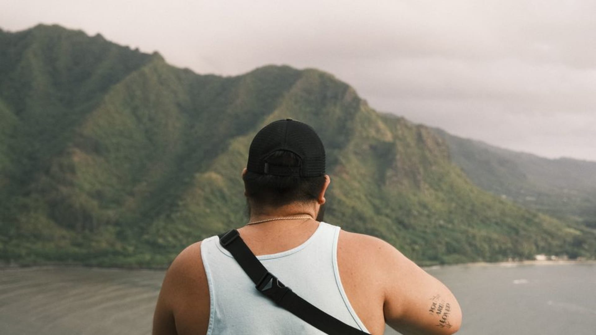 View from Kalaupapa Lookout on Molokai showing the peninsula below and towering green sea cliffs along the coast