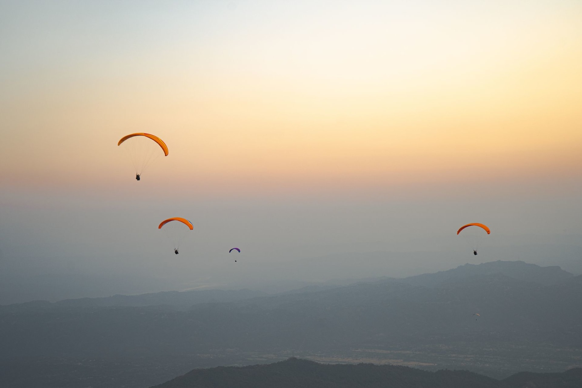 Multiple paragliders in bright colours soaring above the green Kangra Valley from the Billing launch site with the Dhauladhar range as backdrop
