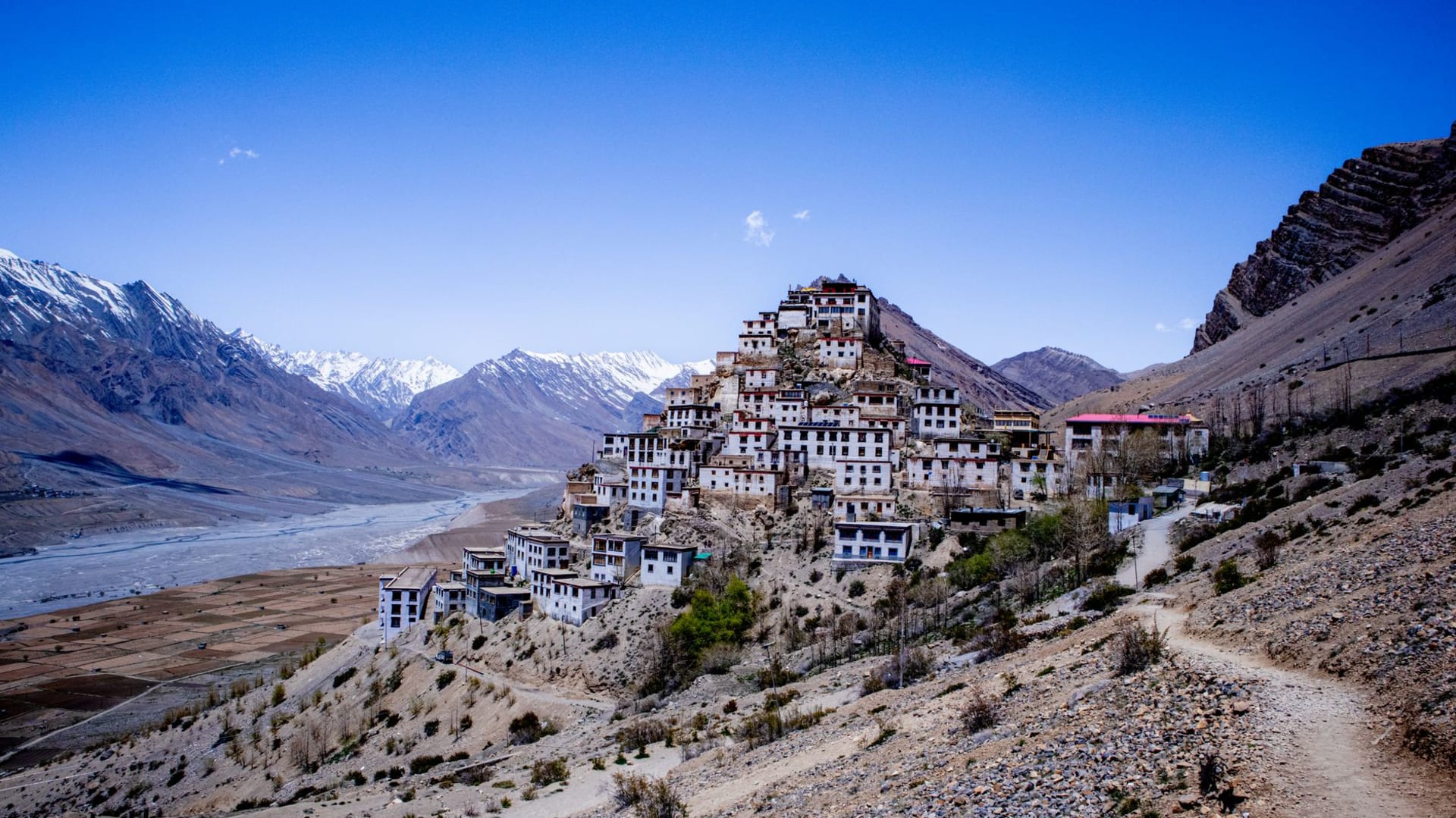 Key Monastery rising in tiers of whitewashed and ochre walls from a sheer rocky spur above the Spiti River with snow peaks beyond