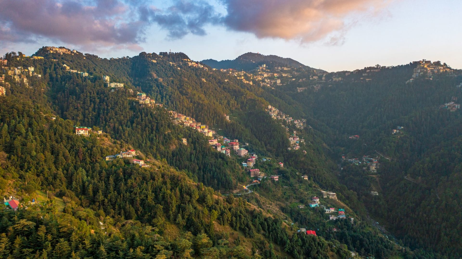 Shimla's colonial Christ Church and the Ridge seen from the hillside below, wrapped in pine forest with the snow Himalayas distant behind