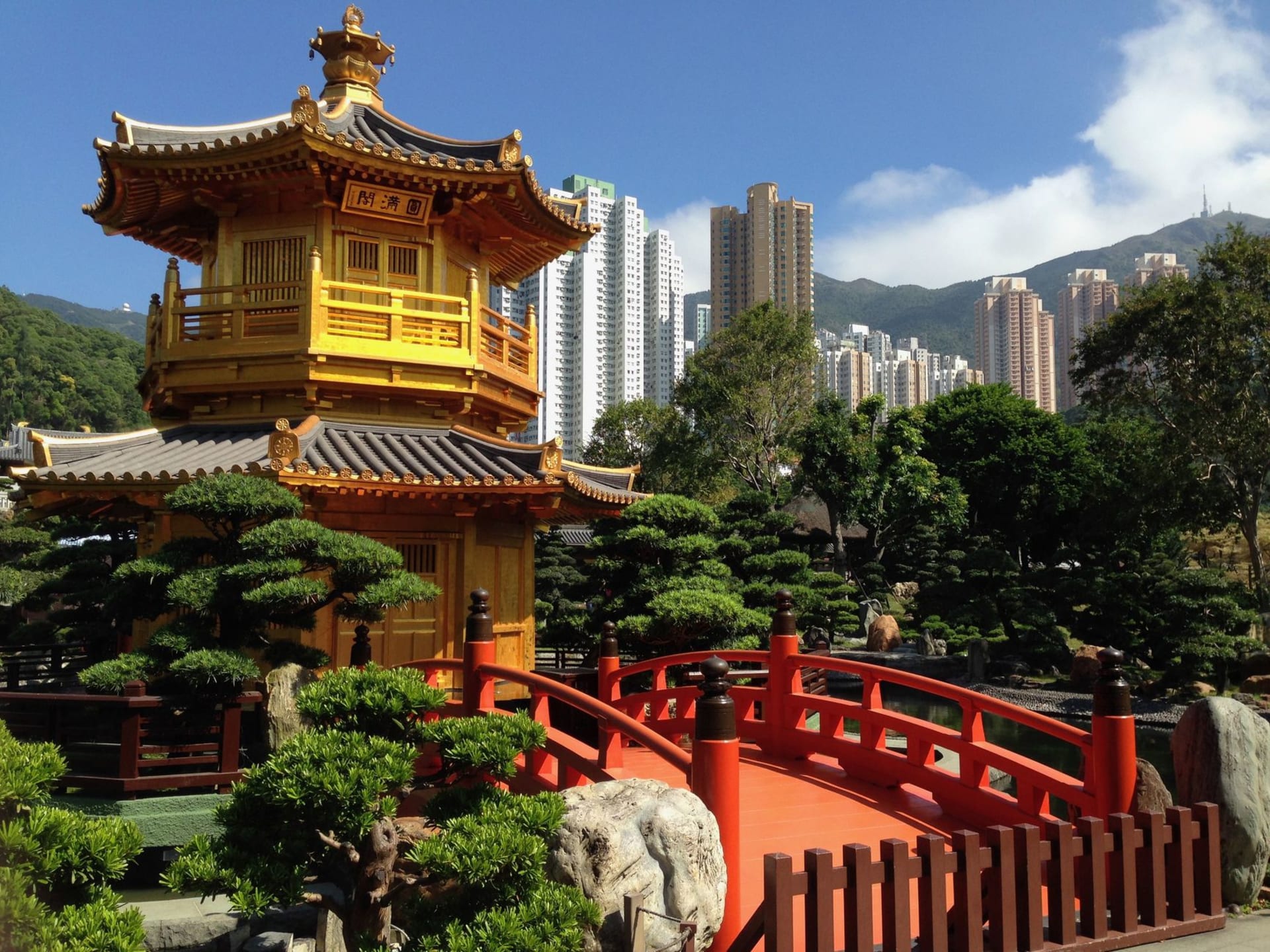 The pavilion and ornamental pond of Kowloon Walled City Park, its garden paths shaded by old banyan trees