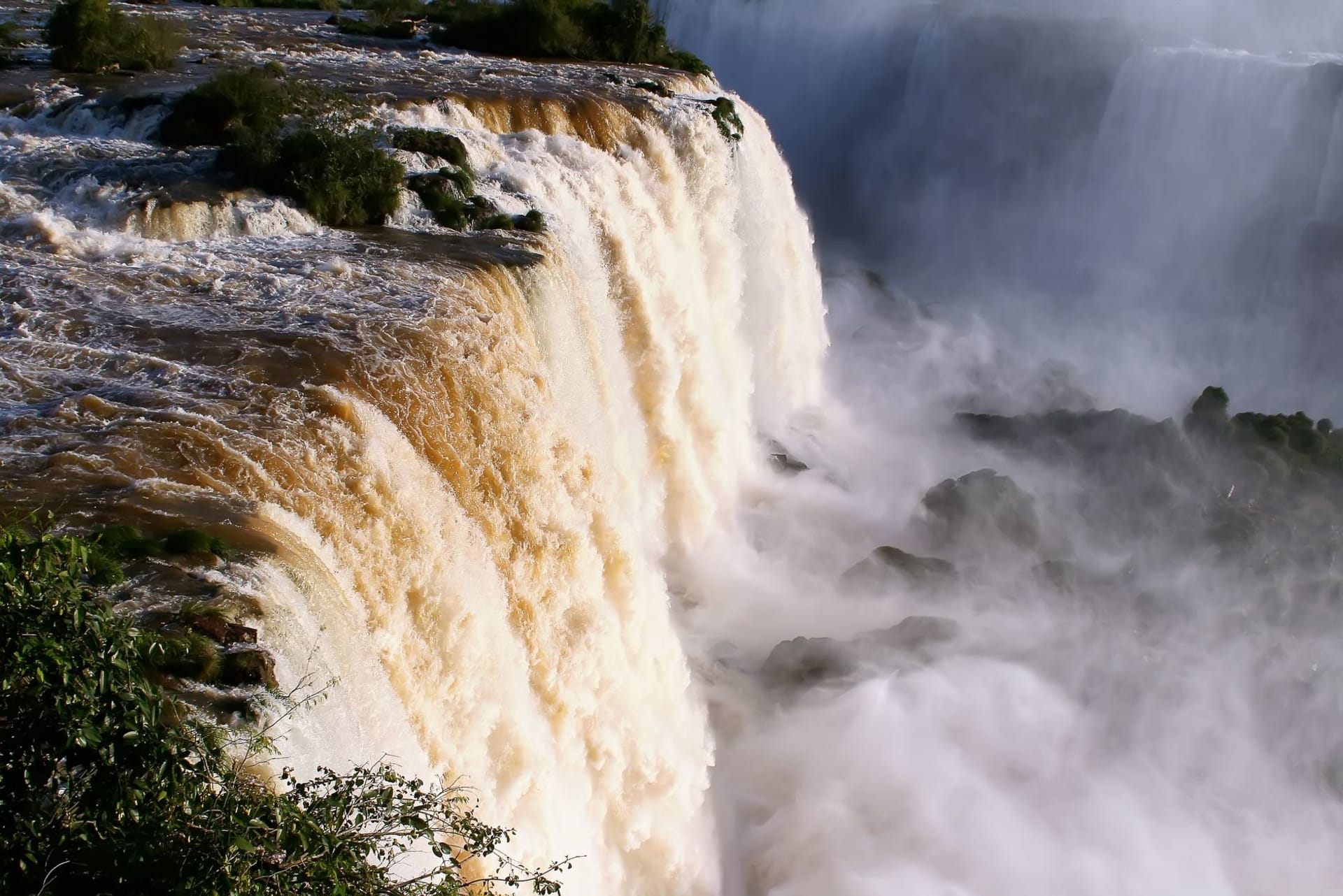 Vista desde una pasarela elevada de madera mirando hacia abajo sobre múltiples cataratas del Iguazú que desaparecen en la exuberante copa del bosque
