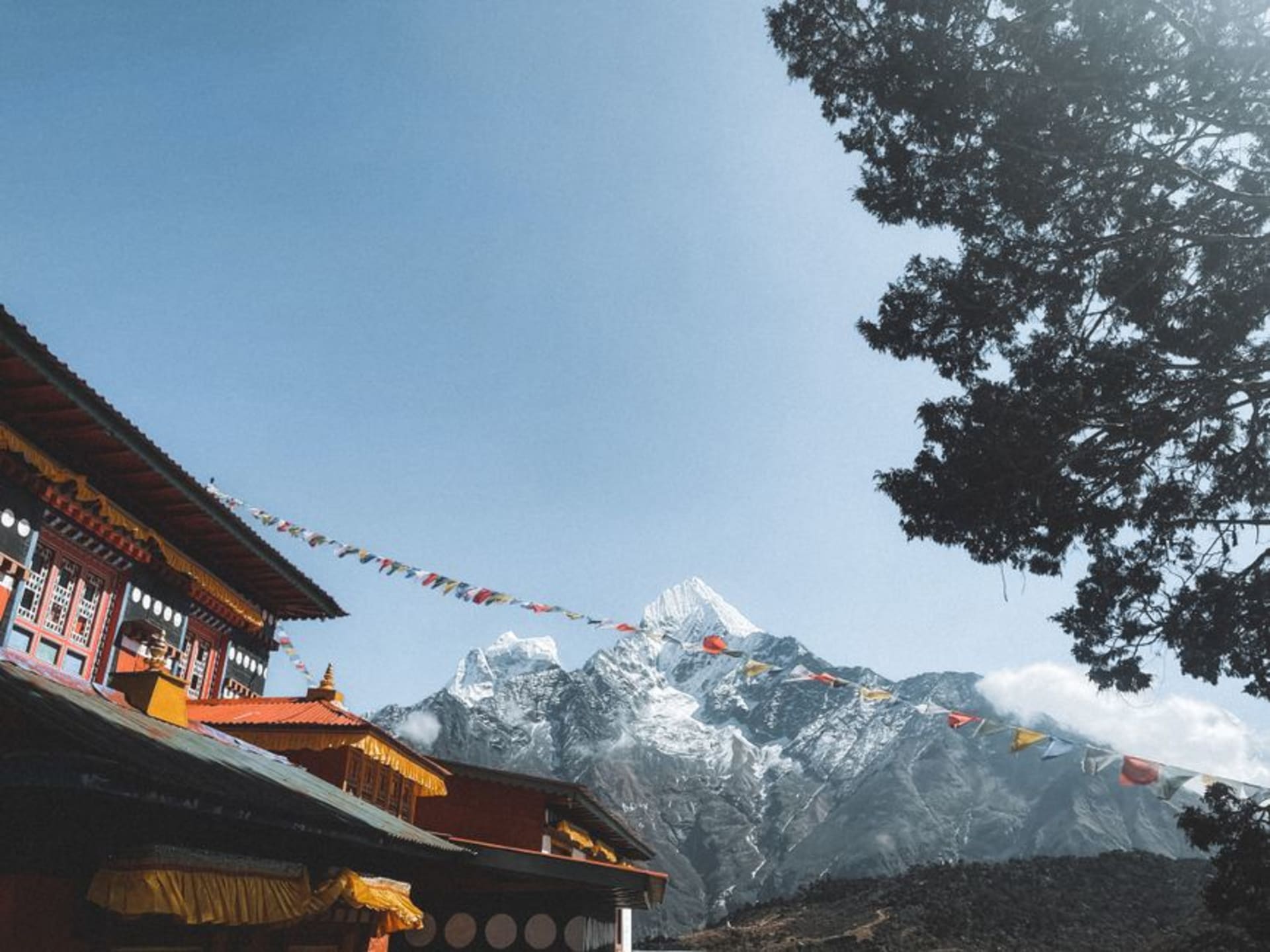 Prayer flags strung across a hillside monastery with the Himalayas visible behind