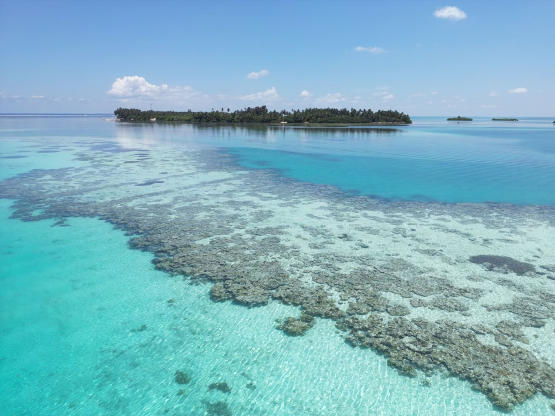 An aerial view of a turquoise coral lagoon surrounding a narrow palm-covered island in Lakshadweep