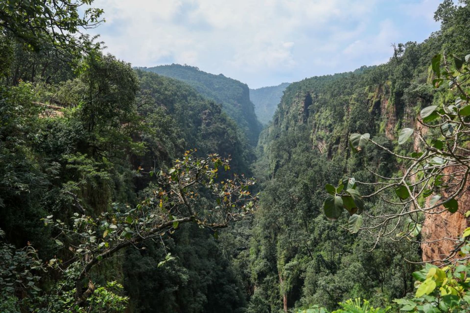 The forested Satpura hills surrounding Pachmarhi with morning mist in the valleys