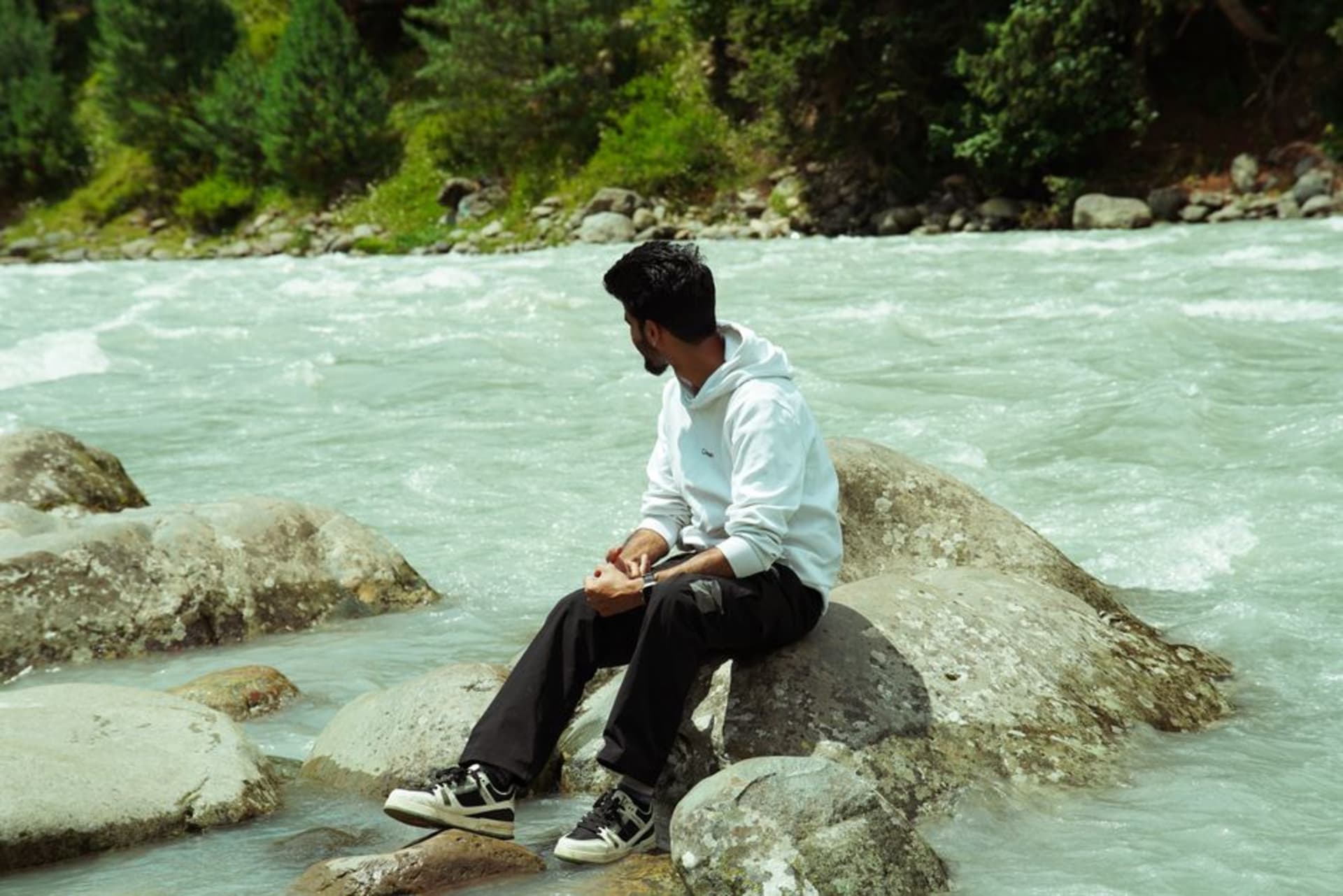 The Lidder river running through pine forest and green meadows at Pahalgam