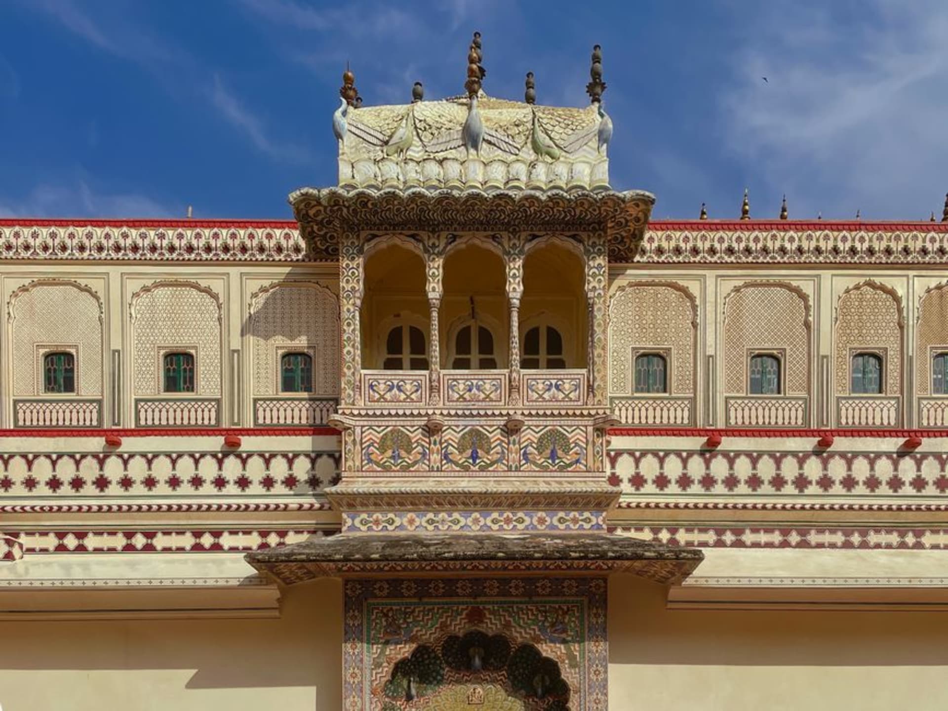 The elaborately frescoed facade of a haveli in Shekhawati's merchant district