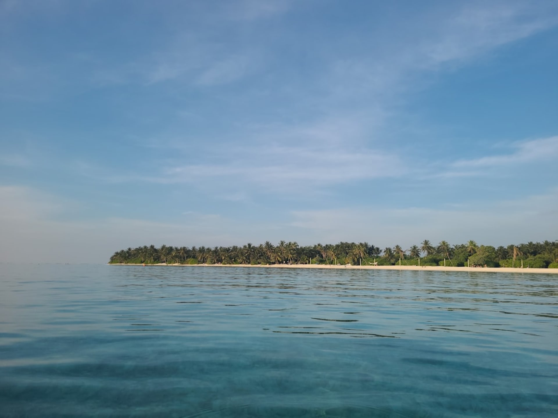 Palm-lined white sand beach on Gili Air with clear shallow water