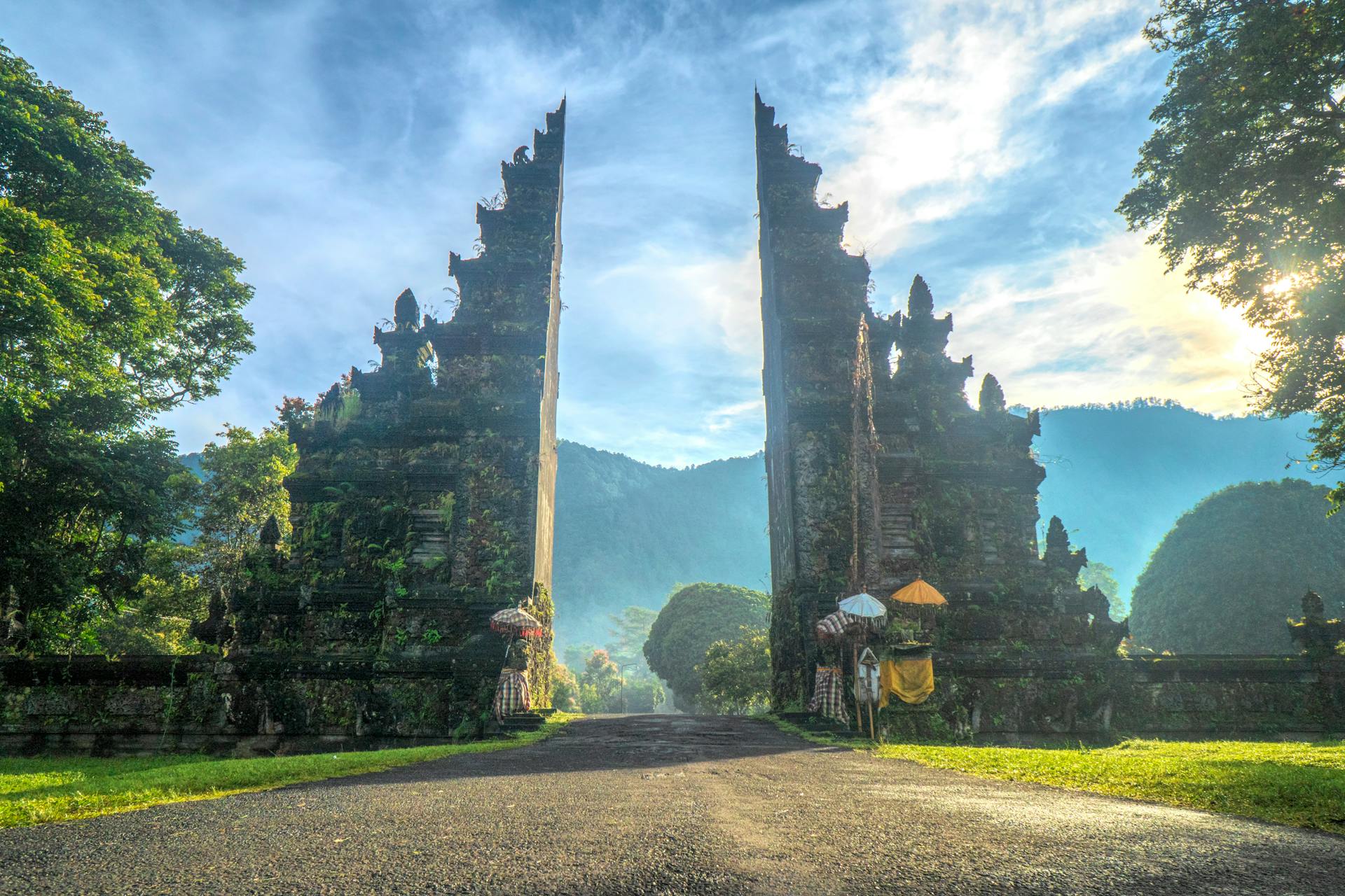Terraced rice paddies in Bali with morning mist rising