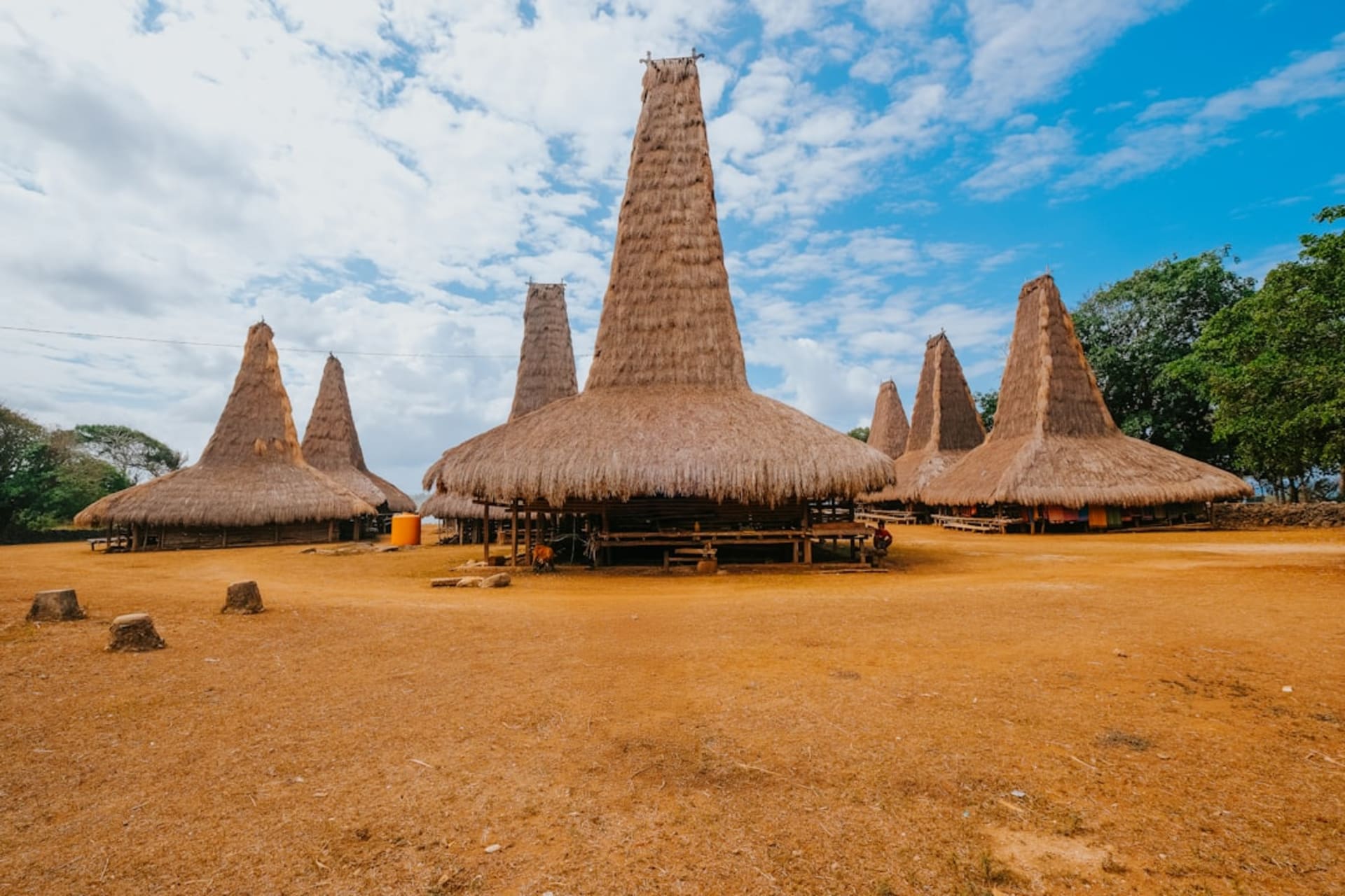 Traditional Sumbanese peaked-roof houses on a hilltop above Waikabubak