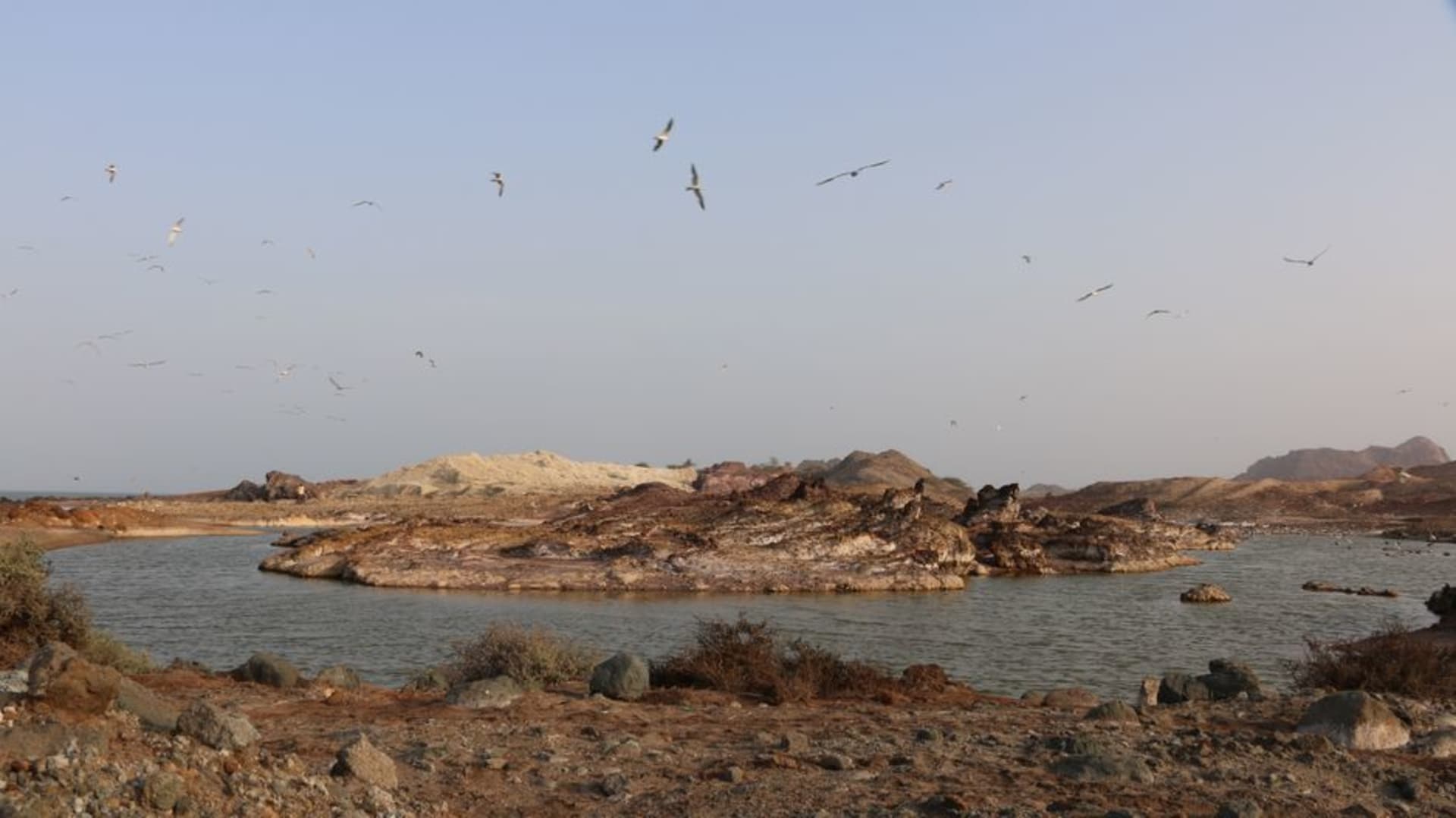 Red volcanic hills rising above the shoreline of Abu Musa Island in the Persian Gulf