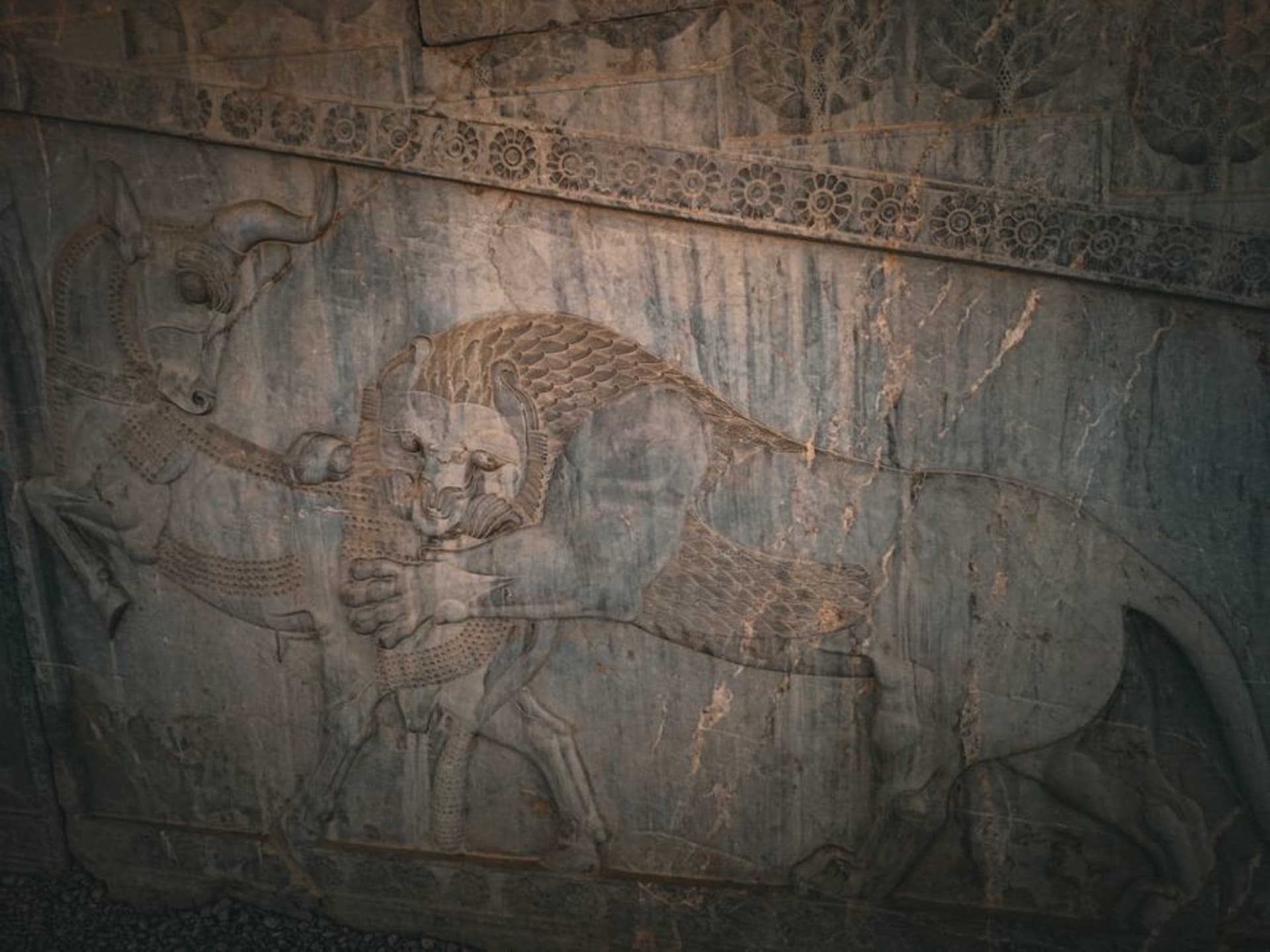 Cross-shaped rock-cut tombs carved high into a sheer limestone cliff face at Naqsh-e Rustam, with Sassanian bas-reliefs at ground level
