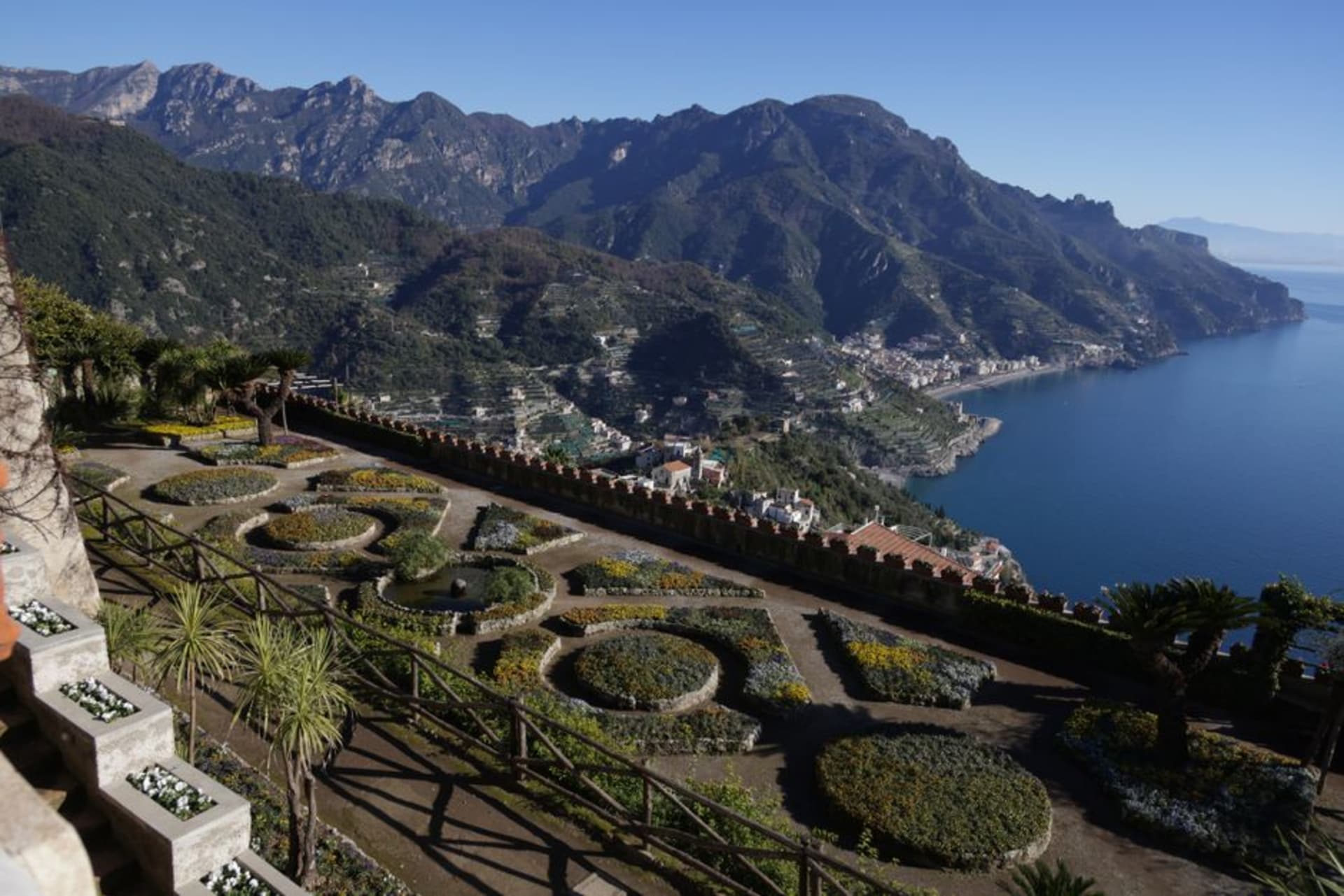 The terraced gardens of Villa Cimbrone in Ravello with the Amalfi Coast and Tyrrhenian Sea stretching below