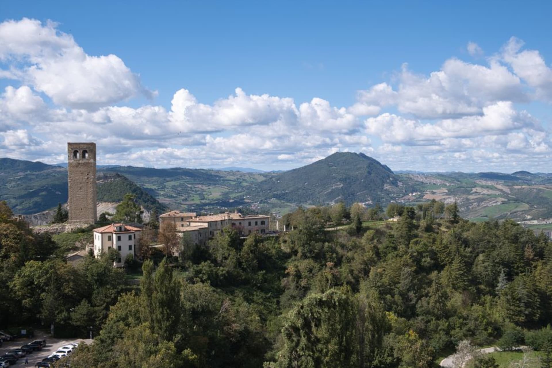 The fortress of San Leo perched atop a dramatic limestone cliff in the Marche