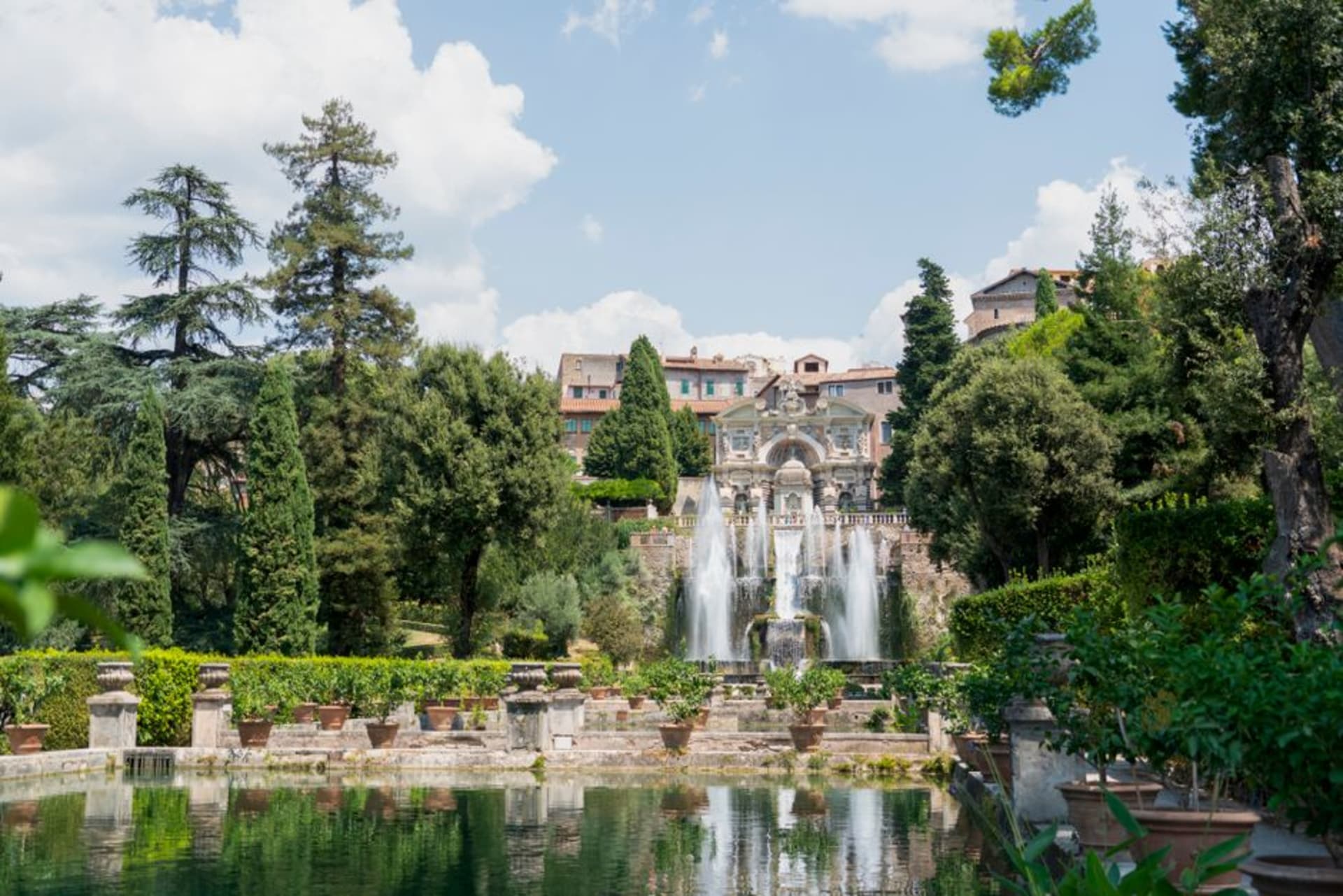 The terraced fountains of Villa d'Este cascading down the hillside gardens of Tivoli