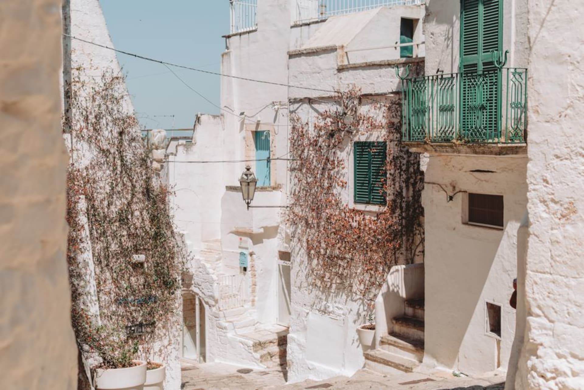 The whitewashed hilltop town of Ostuni rising above olive groves in Puglia, Italy, under a bright blue sky