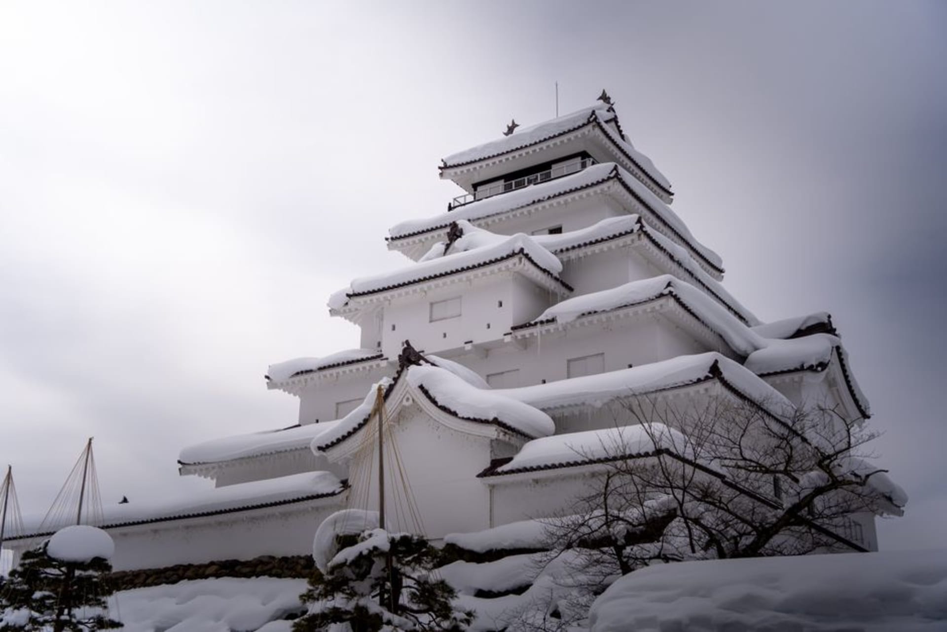 Tsuruga Castle in Aizu-Wakamatsu, a white-walled keep with distinctive red roof tiles rising above bare winter trees under a pale sky