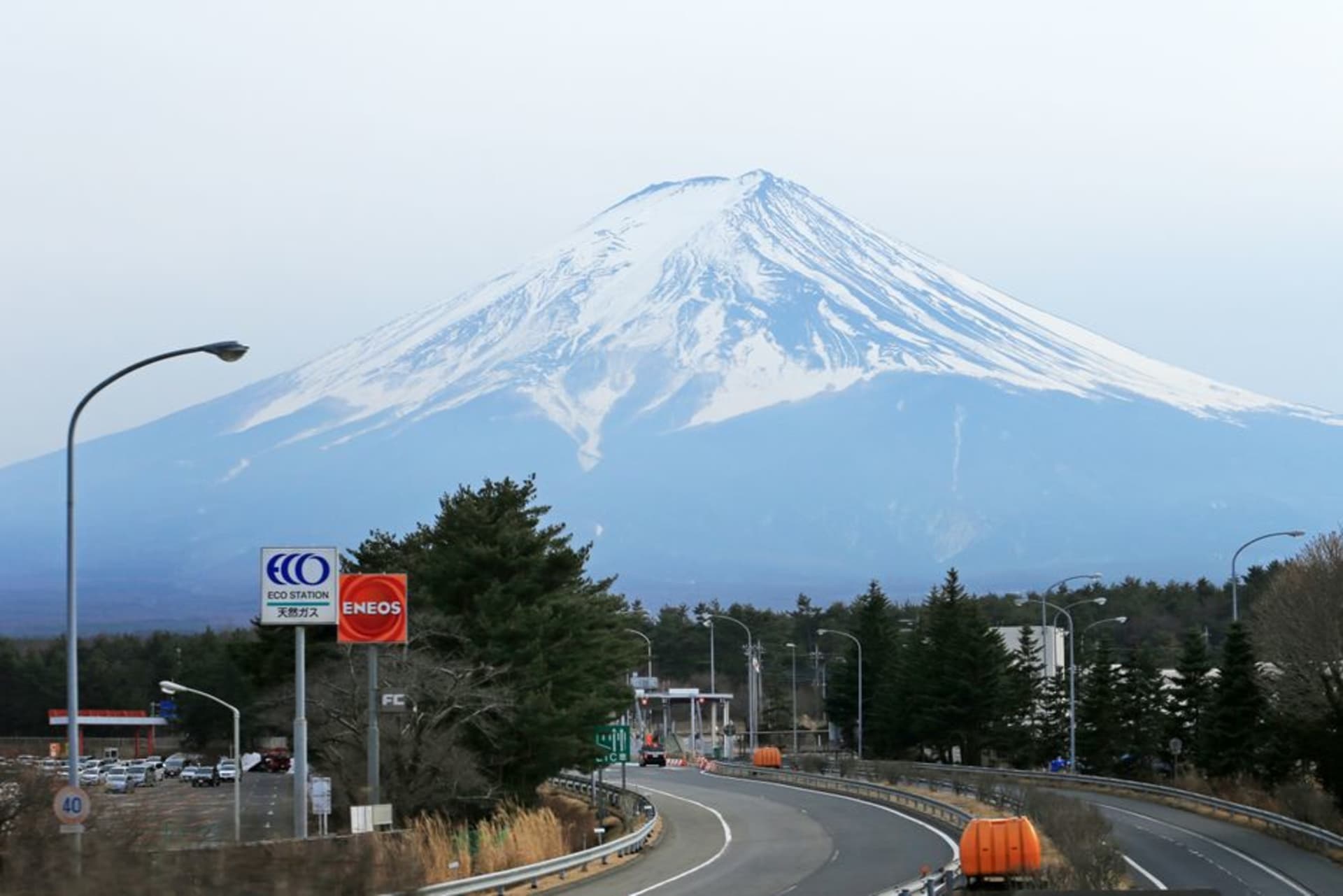 Mount Fuji looming over the town of Gotemba on a clear morning