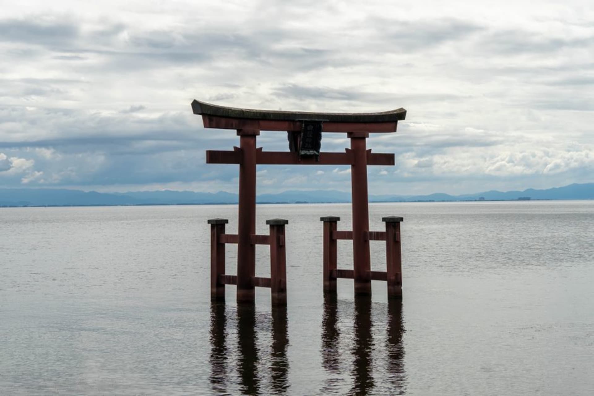 Hikone Castle keep rising above stone ramparts and pine trees beside Lake Biwa