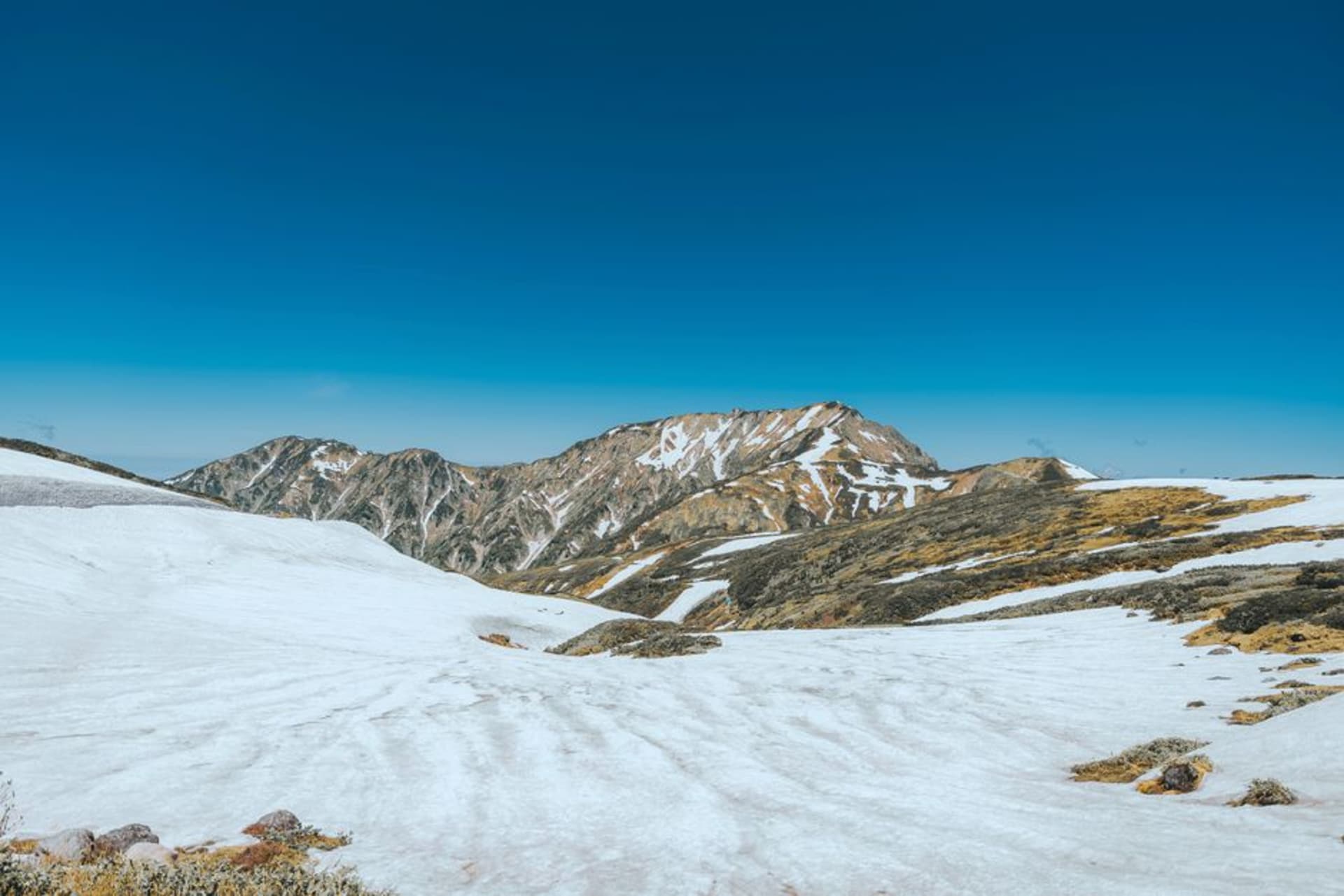 The Sea of Japan coast at Toyama with the snow-capped wall of the Tateyama mountain range rising sharply behind the city