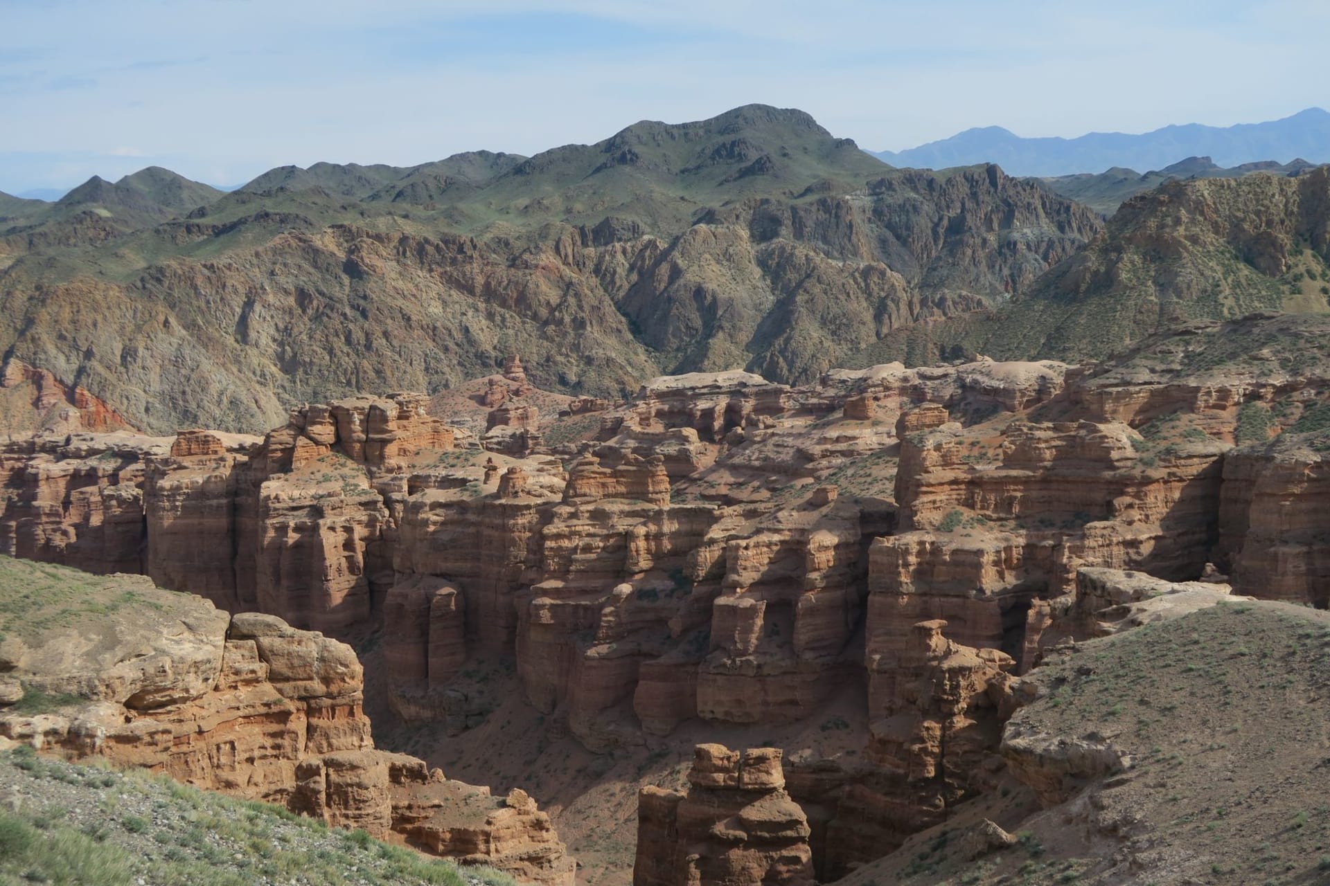 Breathtaking view of Charyn Canyon with rugged red rock formations under a wide open blue sky in Kazakhstan