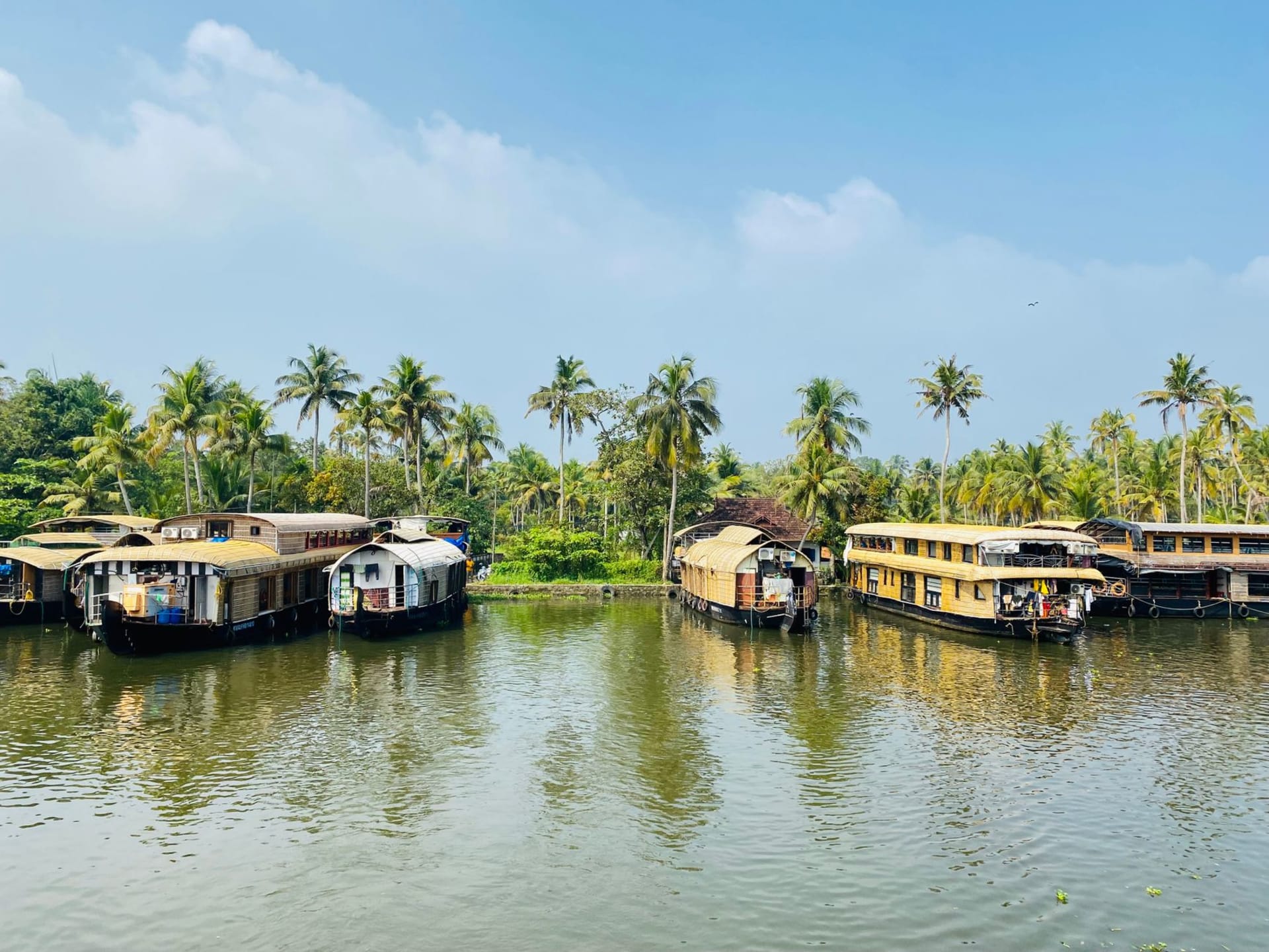 Traditional Kerala kettuvallam houseboat moving through narrow backwater canals flanked by coconut palms at golden hour