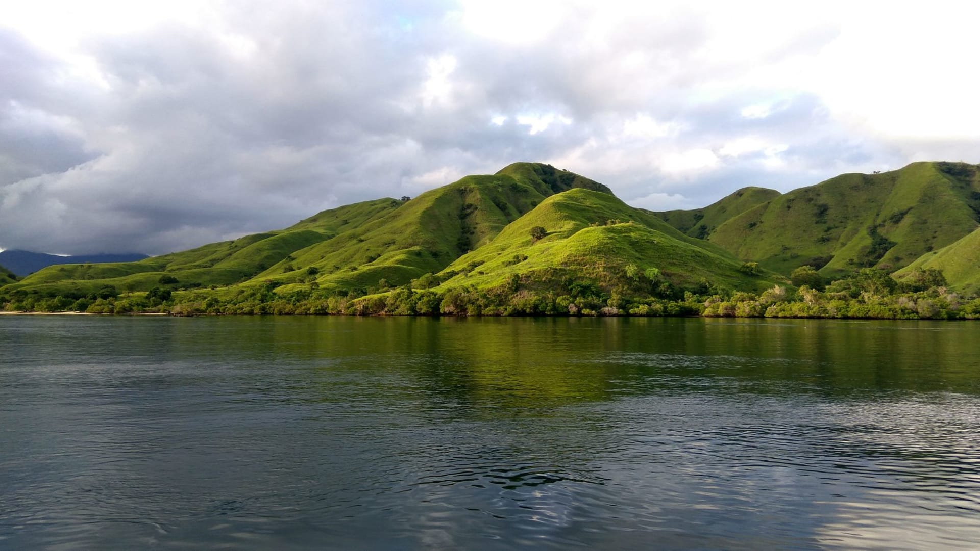 A giant oceanic manta ray gliding through clear blue water at Manta Point near Komodo Island, sunlight filtering down in pale beams from the surface above