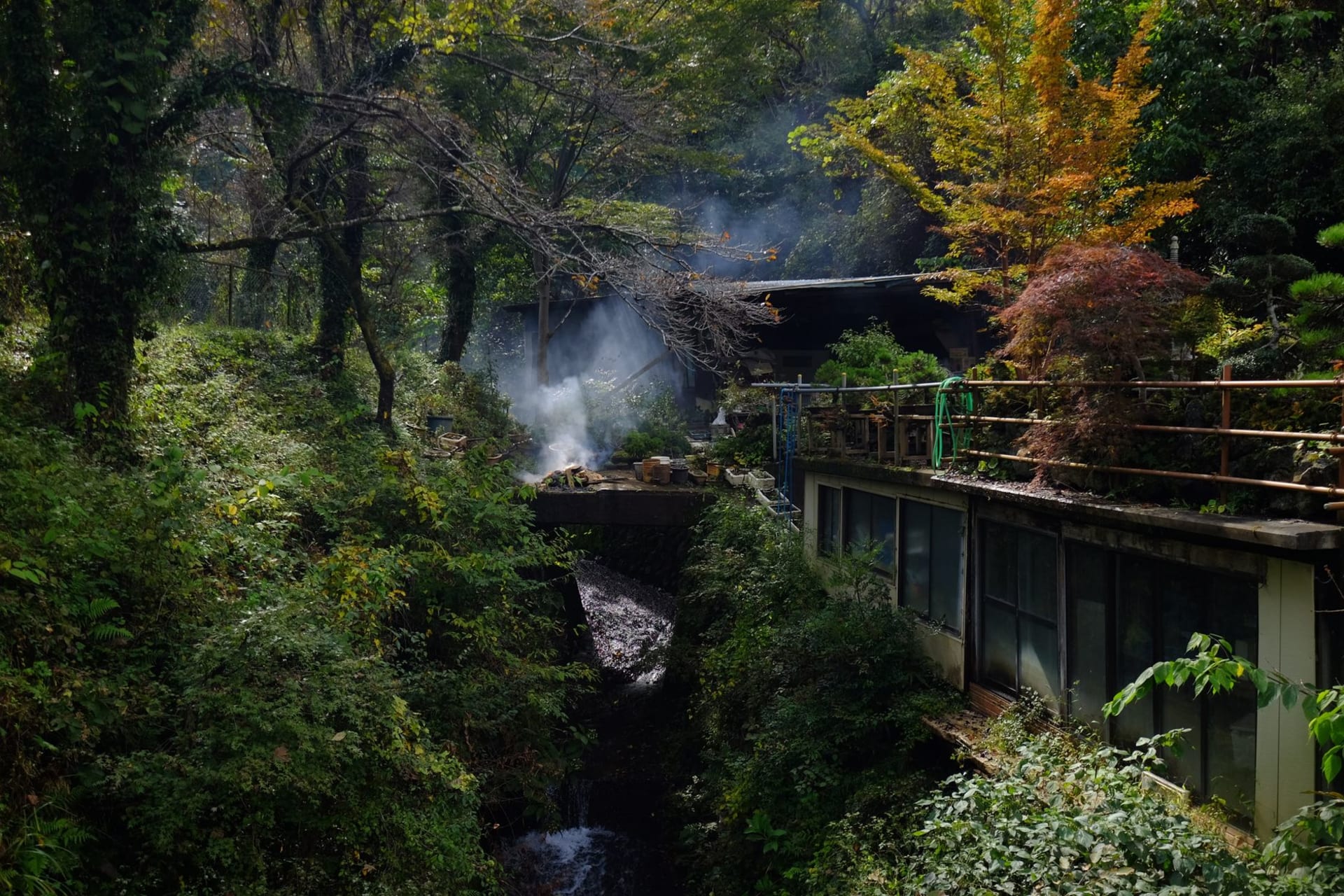 Wooden ryokan buildings lining a misty river gorge at Kurokawa Onsen, steam rising from outdoor baths cut into the rock