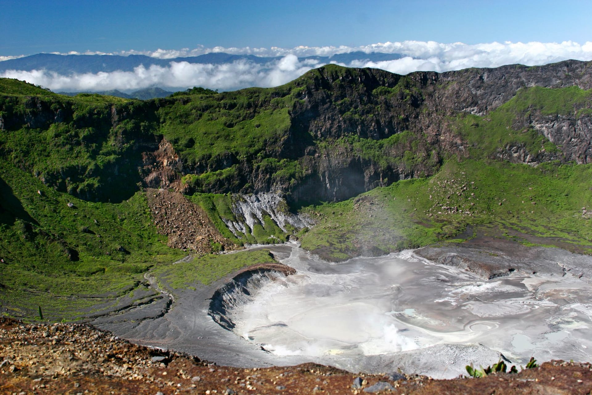 Mount Aso's Nakadake crater emitting a white sulfurous plume above the vast green caldera walls, Kumamoto, Japan