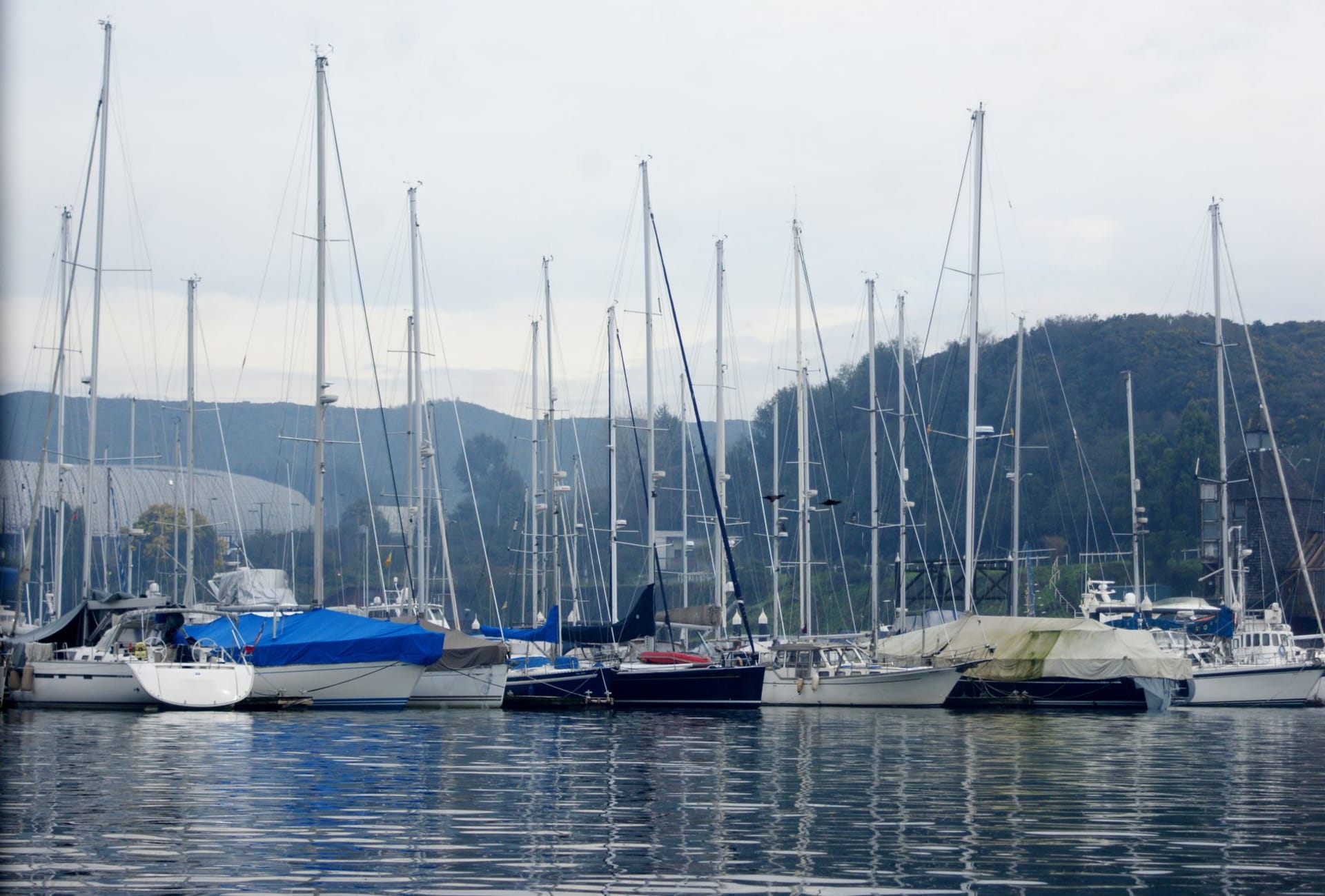 Angelmó fishing port in Puerto Montt at dawn with wooden fishing vessels and the mountains of Chiloé visible across the Seno de Reloncaví