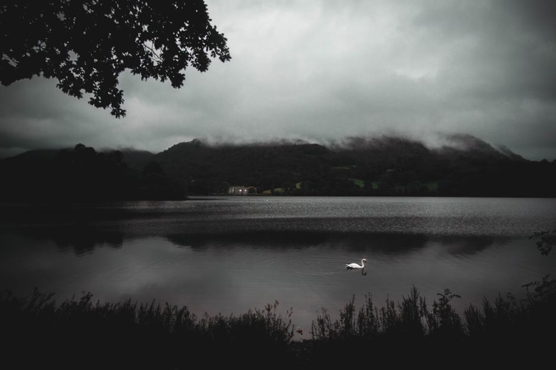 Rydal Water at dawn with mist rising off the surface and Nab Scar behind