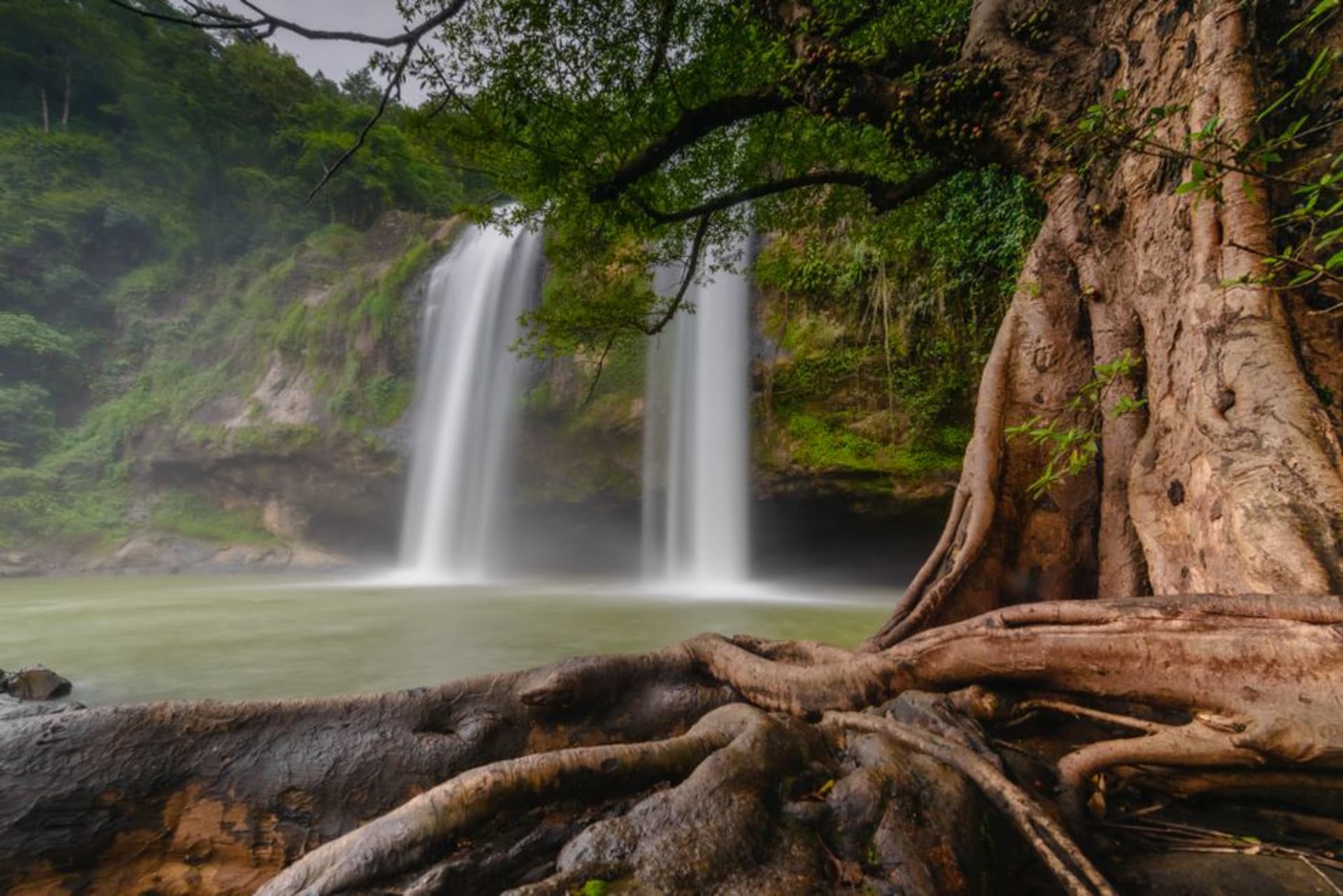 Mist rising over the twin cascades of Tad Fane waterfall on the Bolaven Plateau
