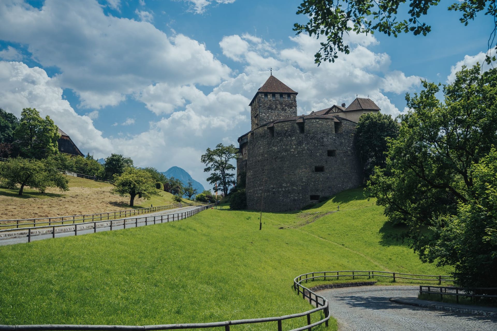 Vaduz Castle perched on a forested hillside above lush green fields and the Rhine valley under a vivid blue sky, photo by Benni Fish
