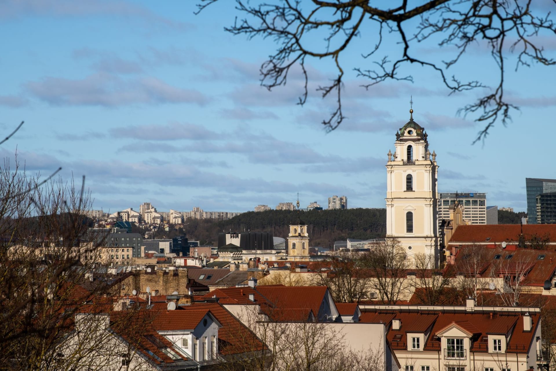 Vilnius old town skyline with historic church towers and terracotta rooftops beneath a clear blue sky