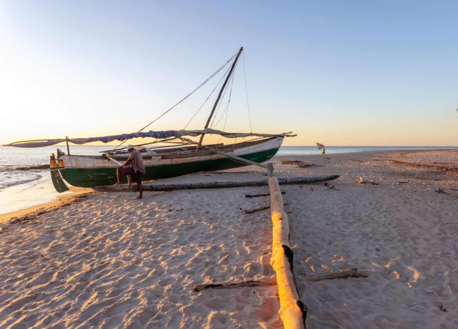 A palm-lined white sand beach on Ile aux Nattes with shallow turquoise water and a wooden pirogue pulled up on the shore