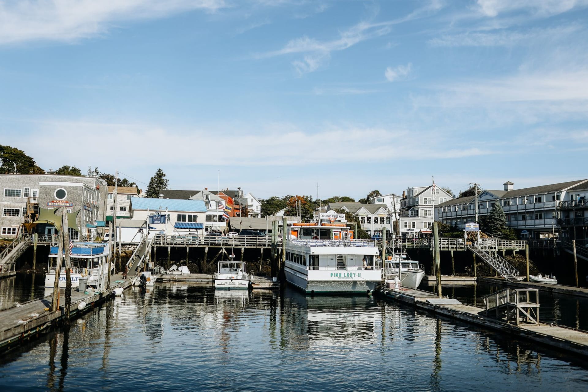 Puerto de Rockland con goletas de gran aparejo atracadas en el muelle, las colinas de Camden al fondo