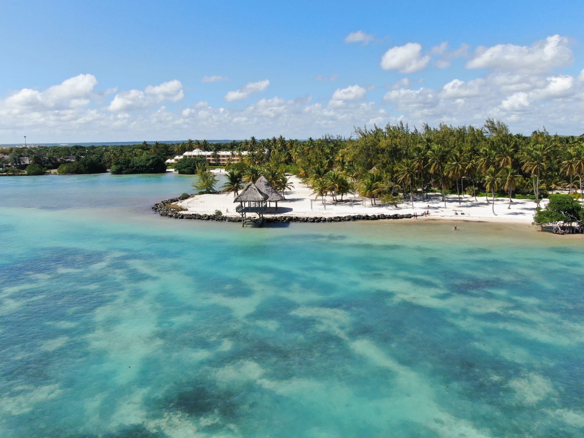 Aerial view of a tropical beach with turquoise lagoon waters, white sand, and palm trees in Mauritius