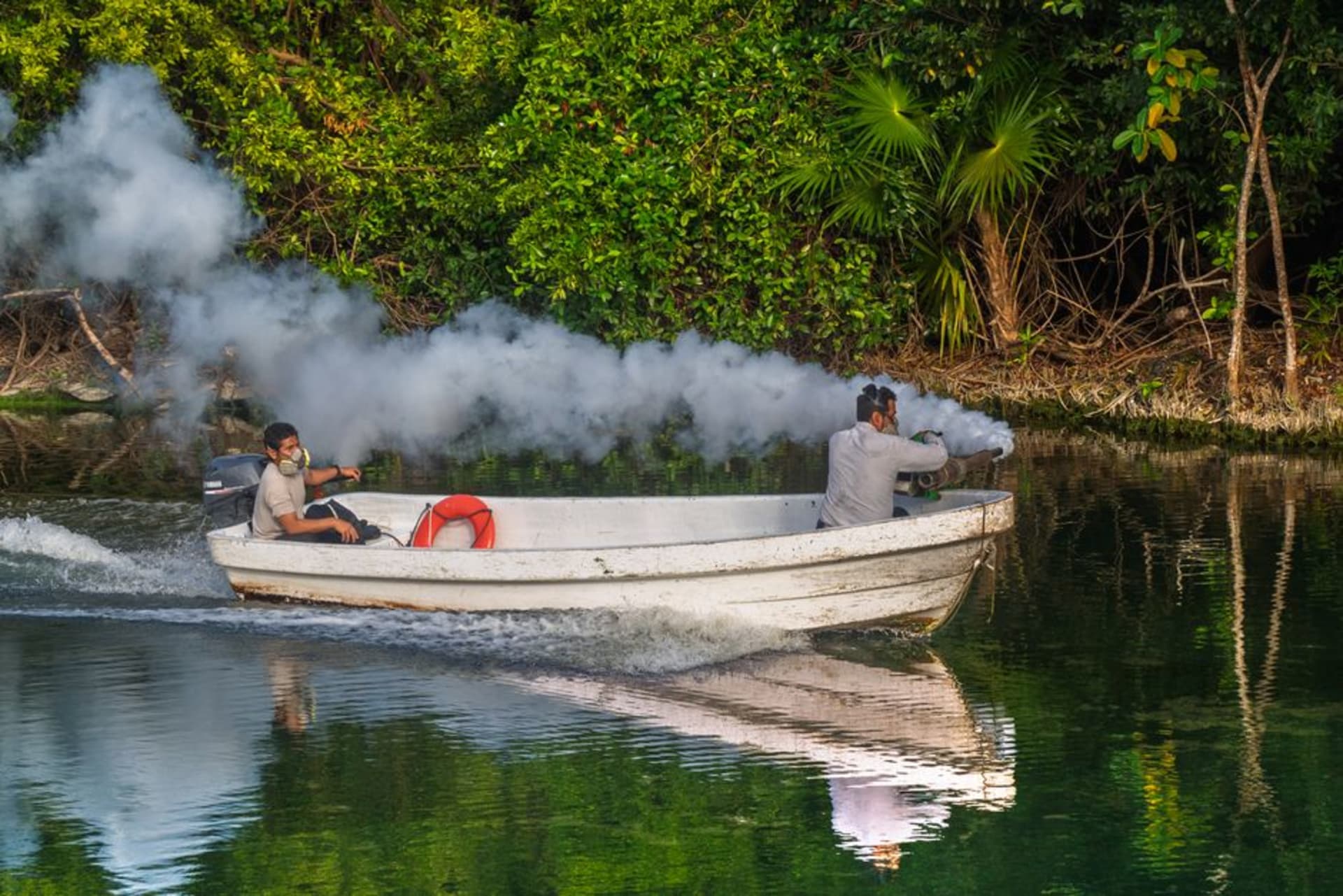 The Río Candelaria at dawn, its wide dark water reflecting jungle and low clouds, a wooden panga moored at a concrete dock on the far bank