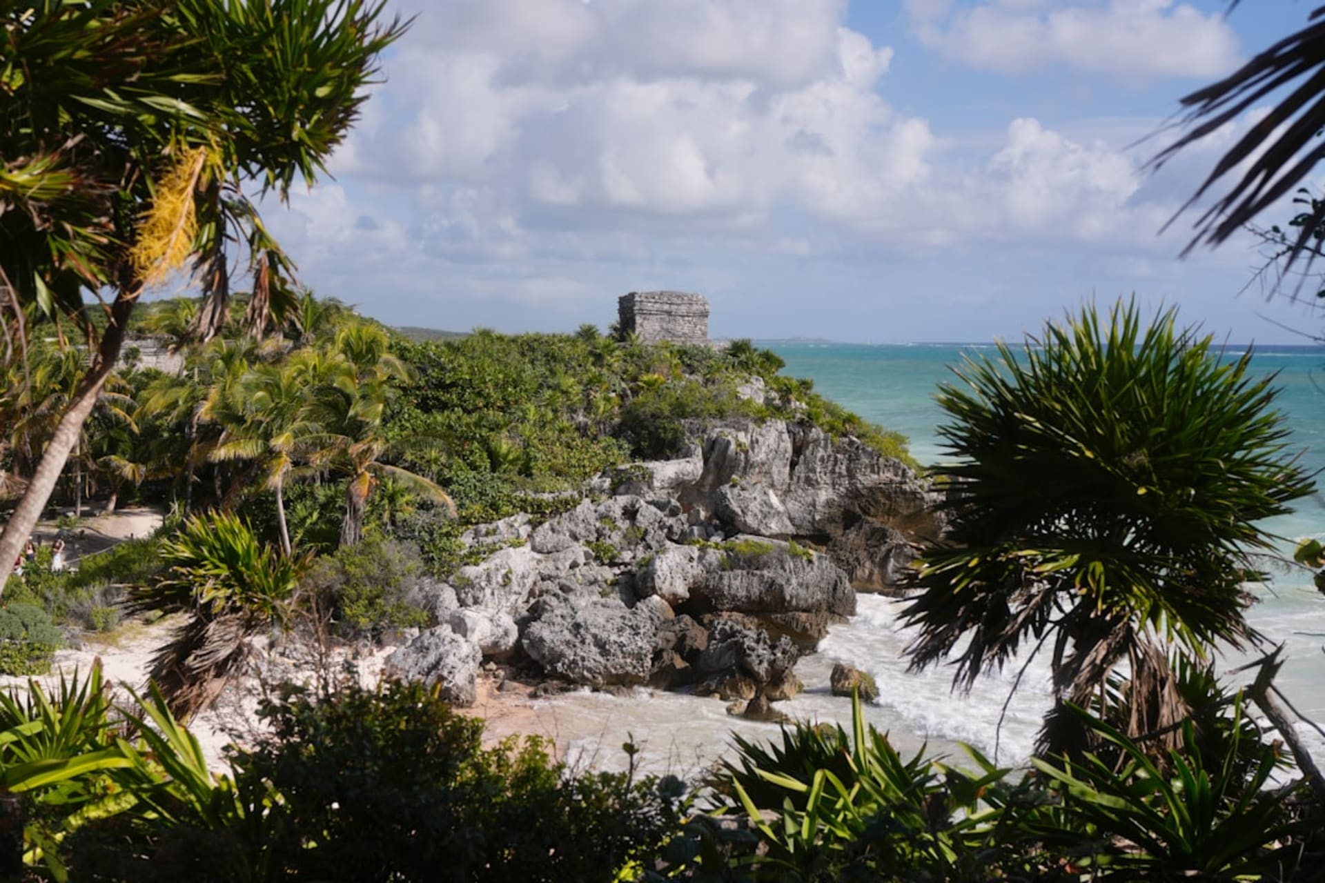 The Nohoch Mul pyramid at Cobá in Quintana Roo, the 42-meter Maya structure rising above the jungle canopy, the narrow stone staircase ascending to the summit temple, the forest stretching in all directions