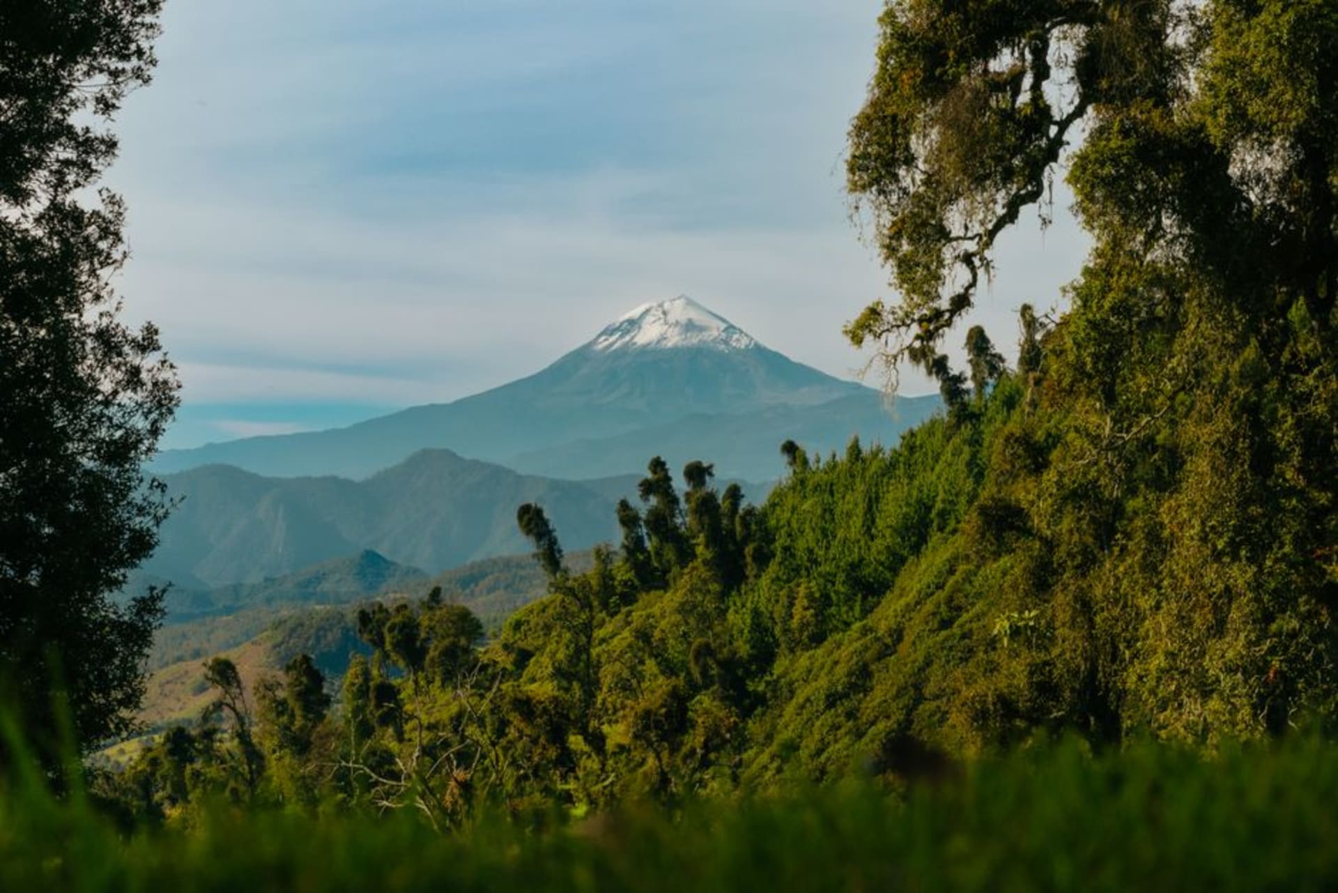 Colonial streets of Coscomatepec on green mountain slopes with the snow-capped Pico de Orizaba rising behind
