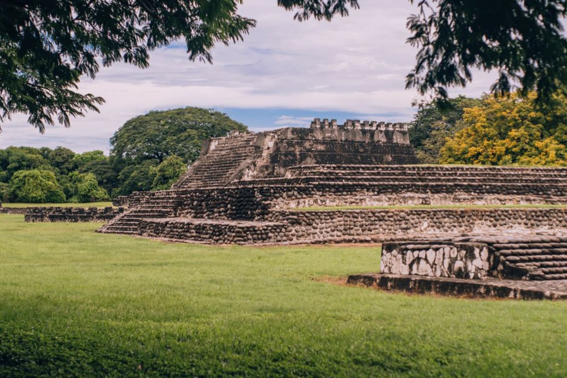 The Pyramid of the Niches at El Tajín, its seven tiers of recessed niches casting dramatic shadows in the morning light, tropical vegetation pressing in on all sides of the ancient Totonac site