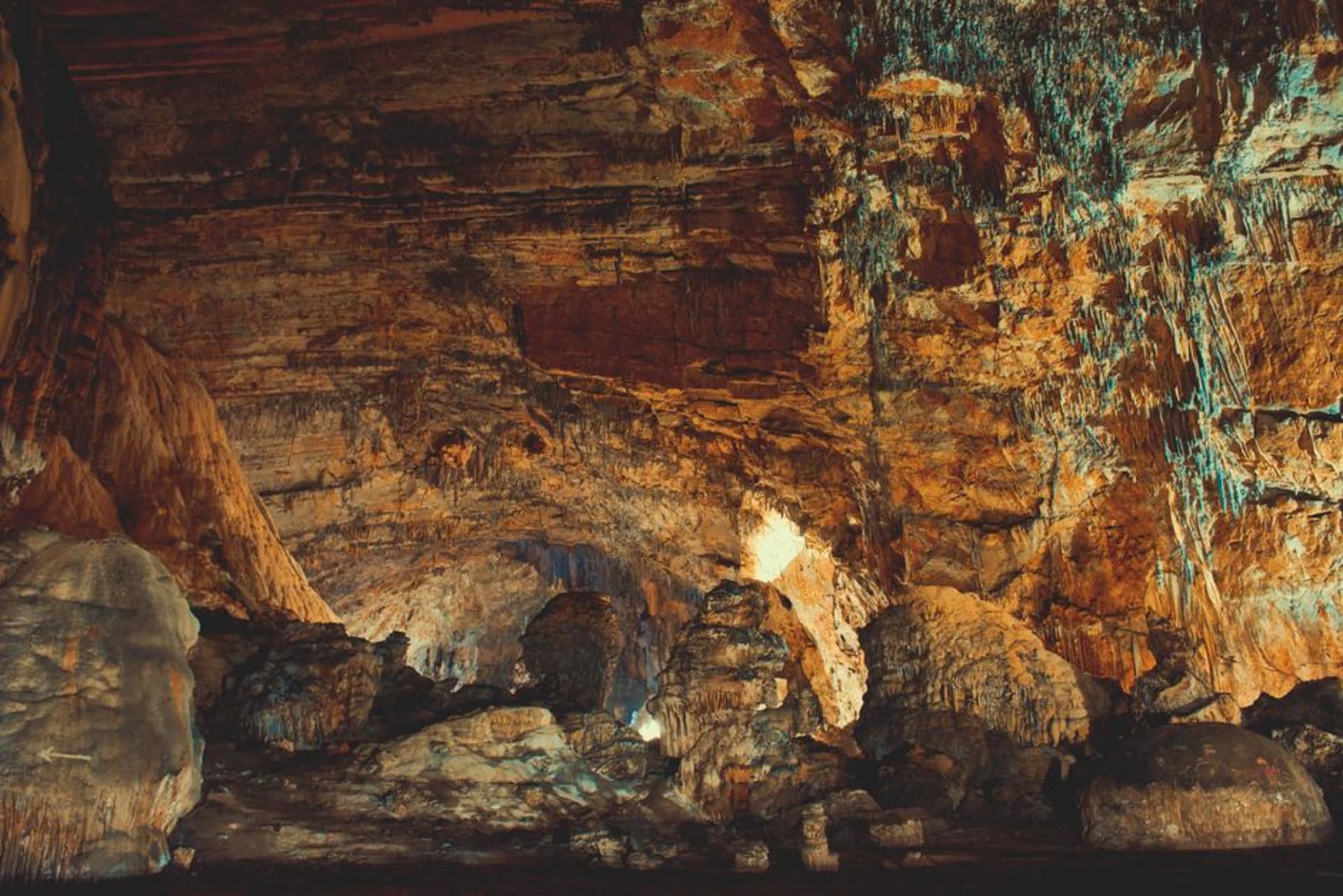 Stalactites and ancient mineral formations deep inside the Grutas de Juxtlahuaca cave system in Guerrero, Mexico