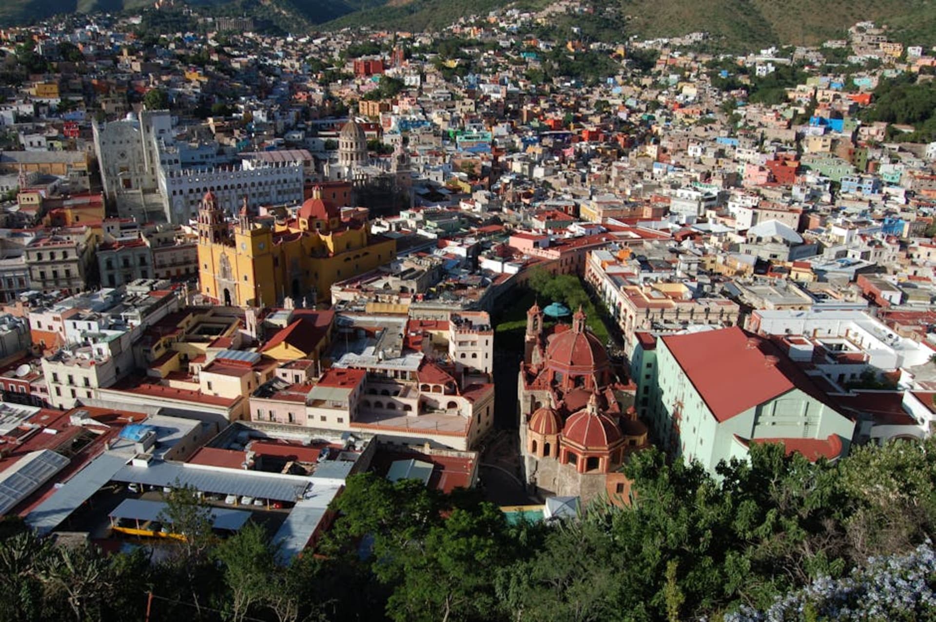Colourful hillside buildings of Guanajuato city viewed from above