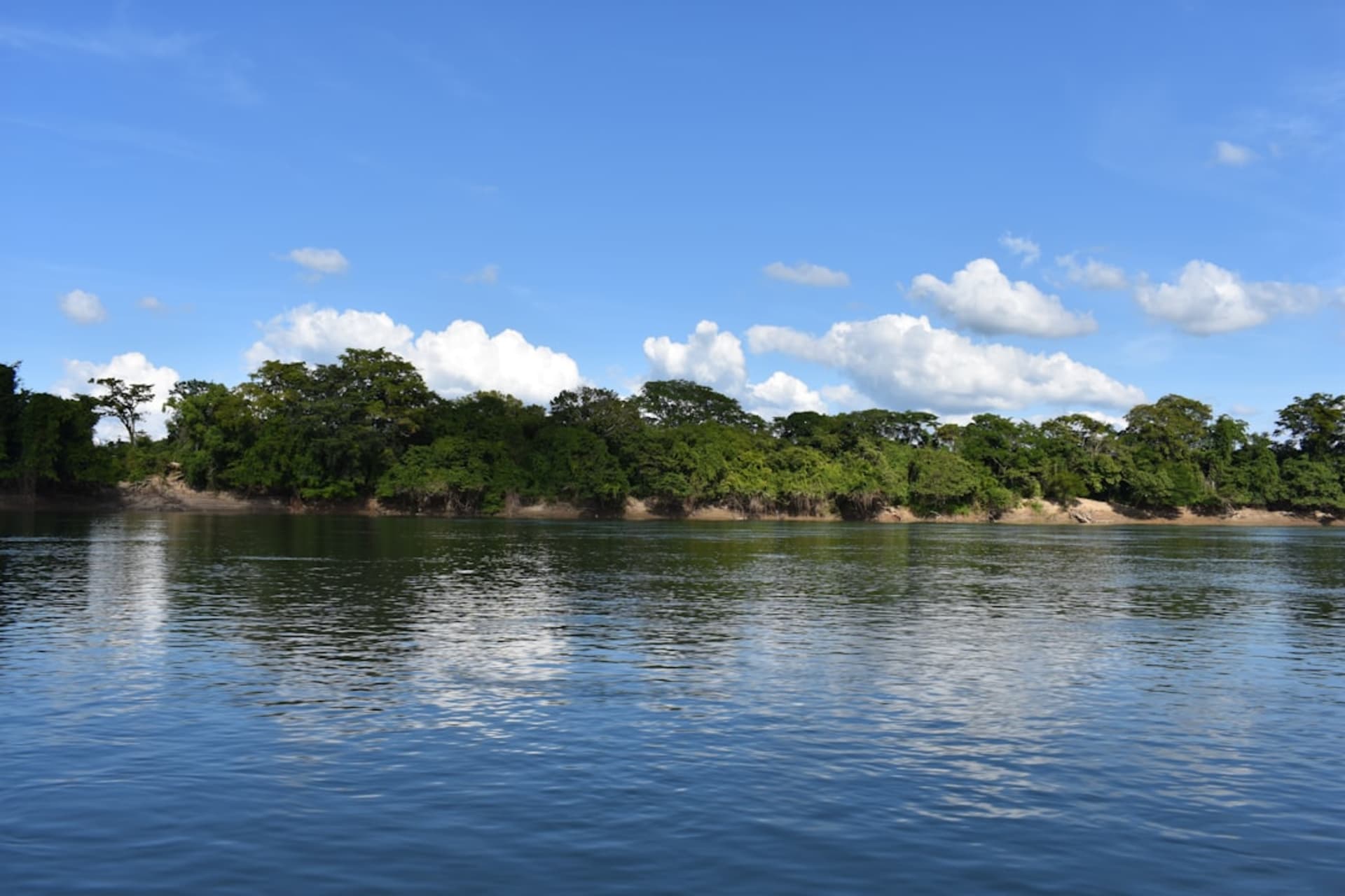 A wide river channel cutting through dense tropical vegetation near Huimanguillo, Tabasco, seen at low morning light from a lancha
