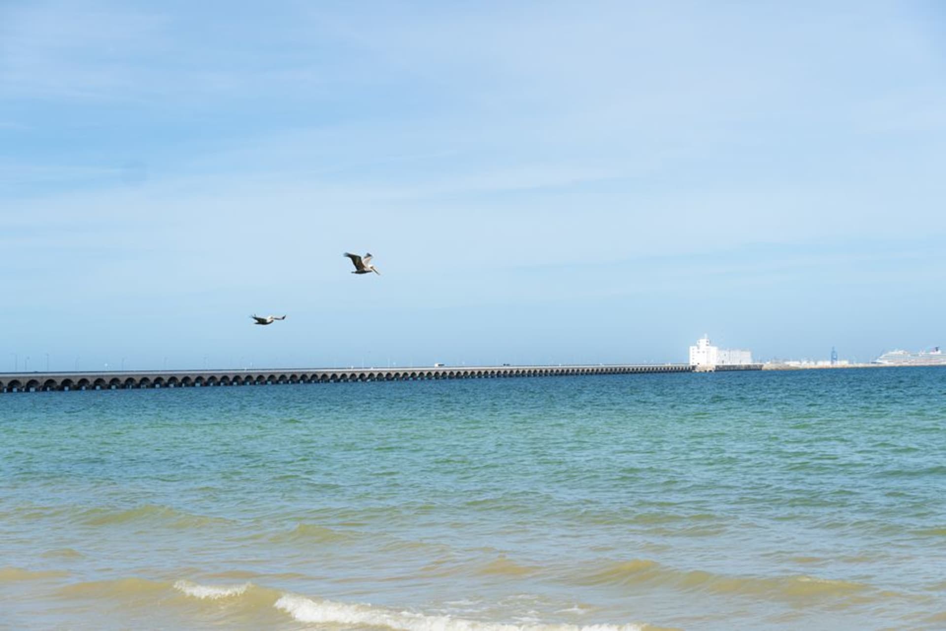 The long pier at Progreso stretching into the calm Gulf of Mexico under a wide afternoon sky