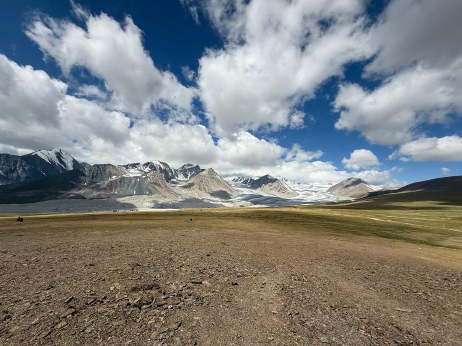 Snow-covered peaks of the Altai Tavan Bogd massif rising above a glacial valley in westernmost Mongolia